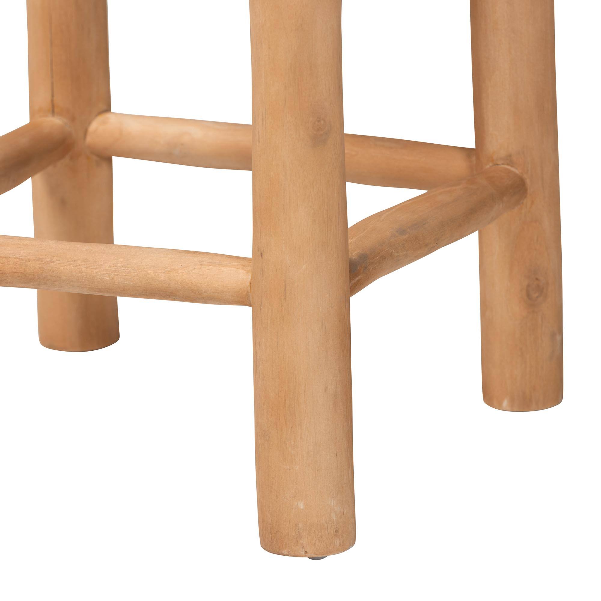Back. bali & pari - Rivera Genuine Goat Leather Bar Stool - Rustic Boho Seating with Teak Wood Frame and Natural Hide Upholstery - Natural Brown/Teak Brown.