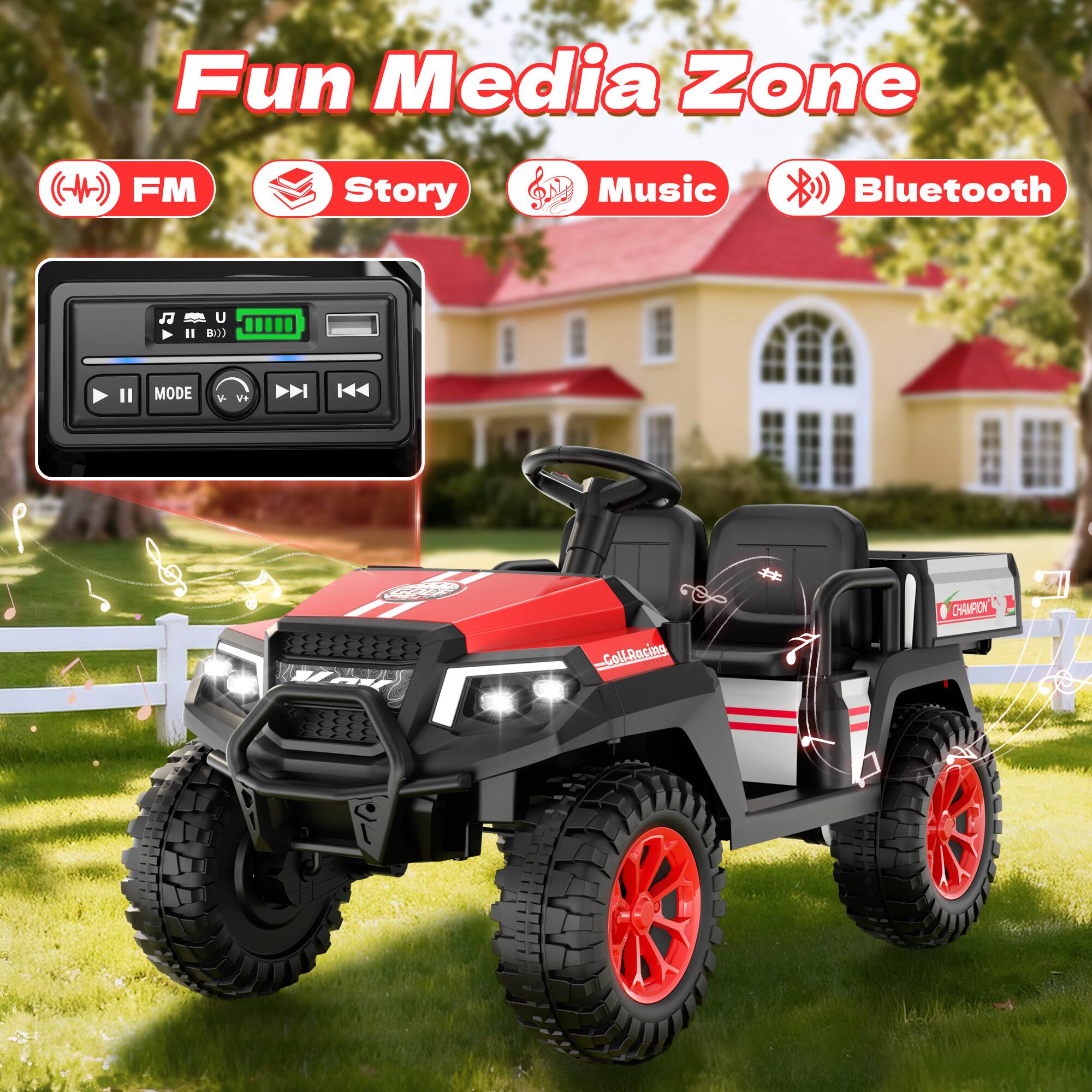 Fun Media Zone  
FM  
Story  
Music  
Bluetooth  
II  
U B)))  
Il  
MODE  
V-  
V+  
Coll-Racing  
CHAMPION