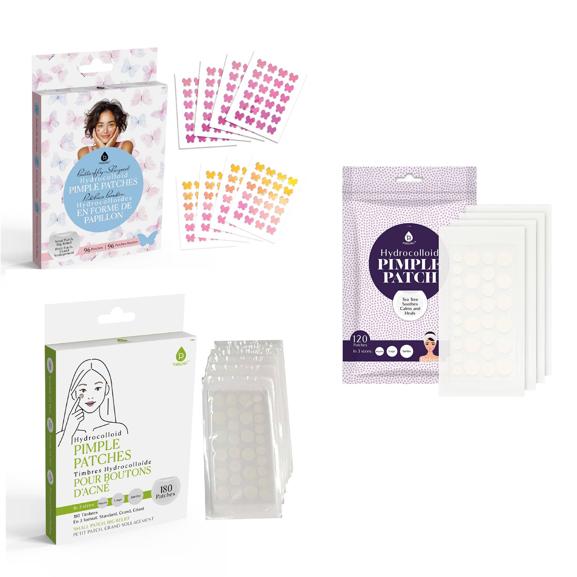 Pursonic - Clear Skin Bundle: 3 Packs of Hydrocolloid Pimple Patches (Classic, Butterfly, & Multi-Size)