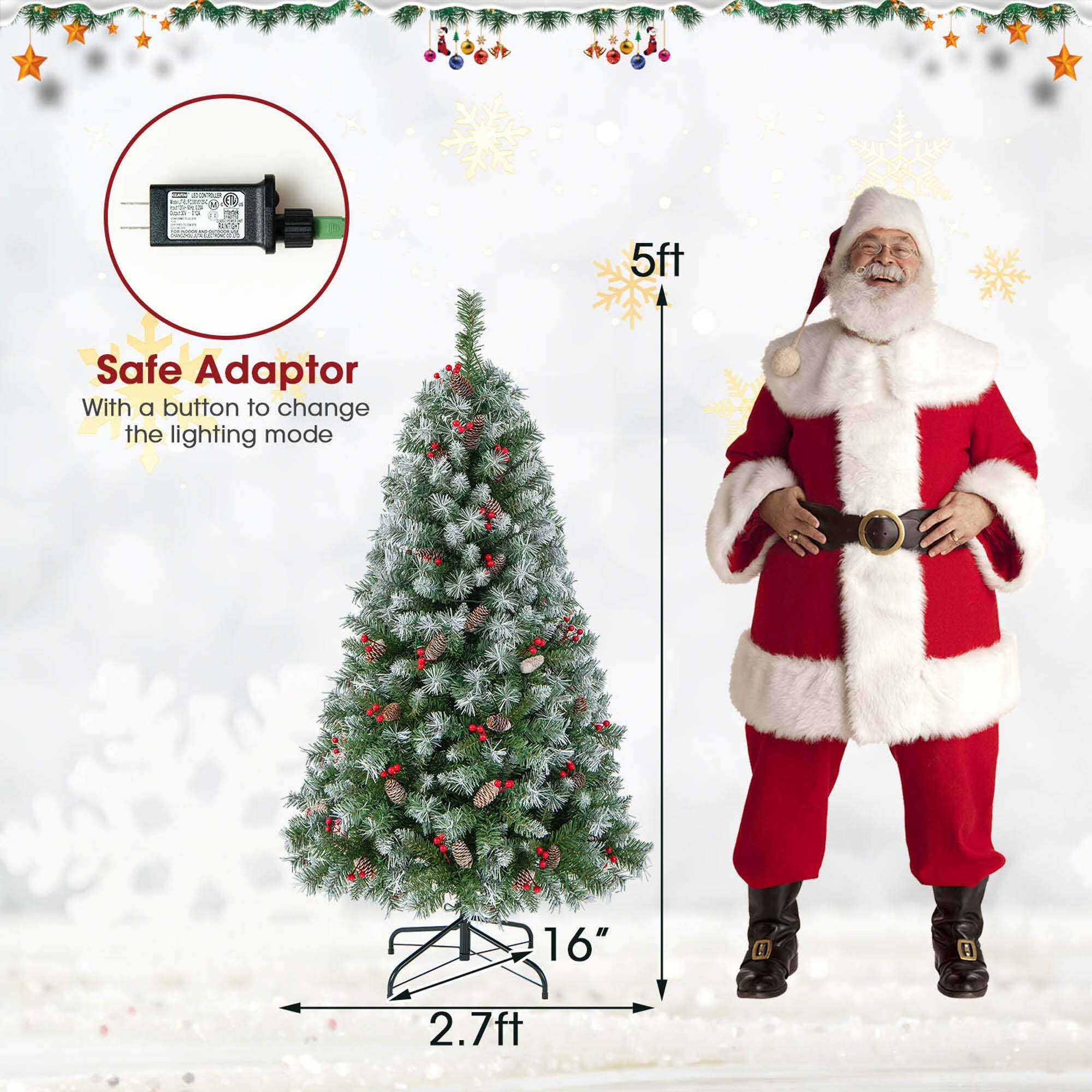 The image features a Santa Claus figure standing next to a Christmas tree. The tree is decorated with ornaments and has a lighting mode that can be changed using a button. The Santa Claus figure is wearing a red and white suit, and the tree is placed in a pot. The image also includes a measurement of the tree, which is 5 feet tall.