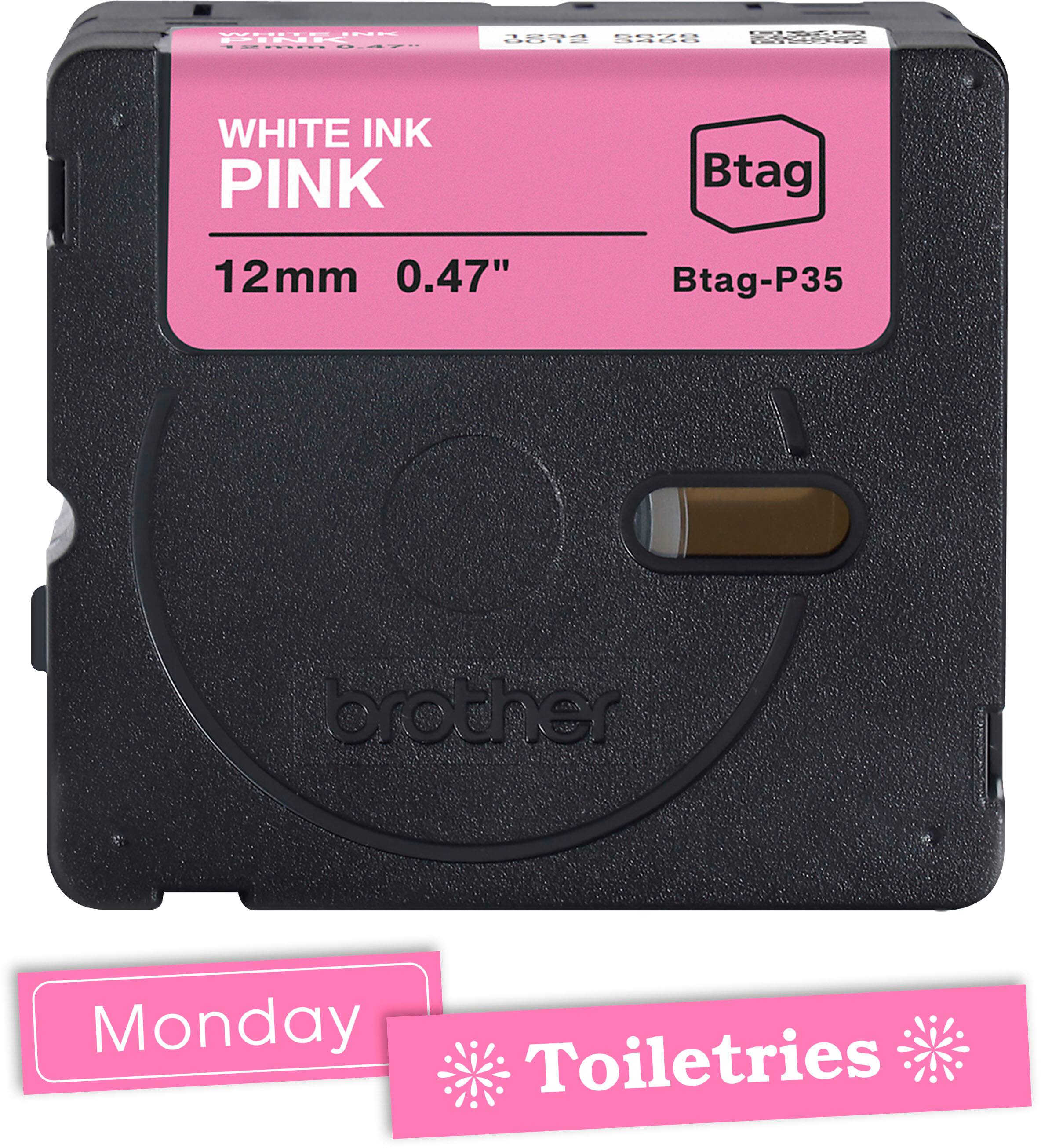 The text on the image is: "PRUULOI.N - M .... -47 20 922 BaTd WHITE INK PINK Btag 12mm 0.47" Btag-P35 brother Monday Toiletries."