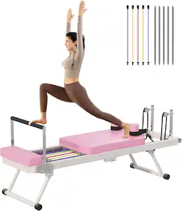 KERDOM - Foldable Pilates Reformer Machine for Home Gym, Pilates Workout Equipment for Beginner, Women Home Fitness Core Strength - Pink - 77" Wide