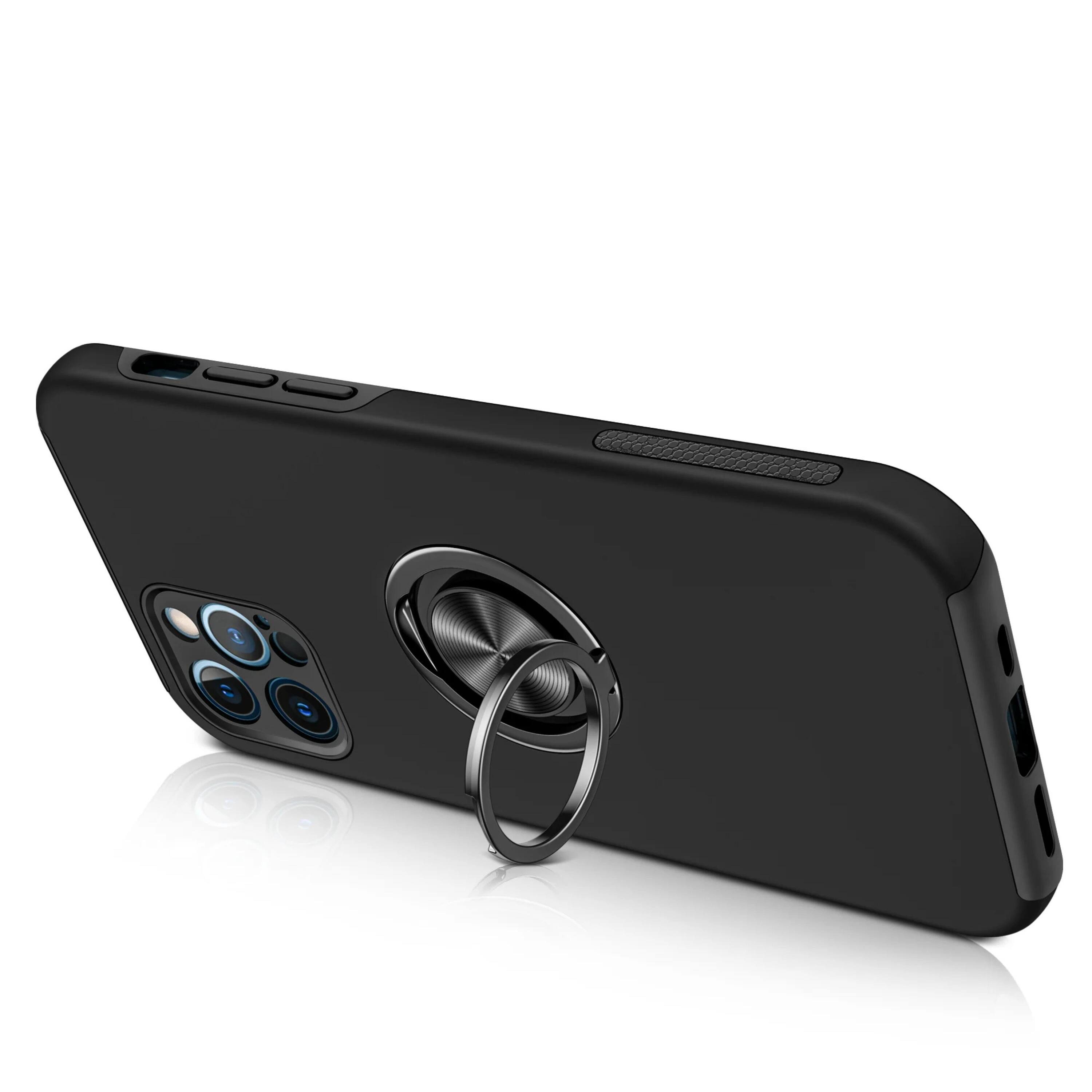 Left. Kitcheniva - Rubberized Dual Layer Magnetic Ring Stand Hybrid Phone Case For iPhone 14 Pro Black - Black.