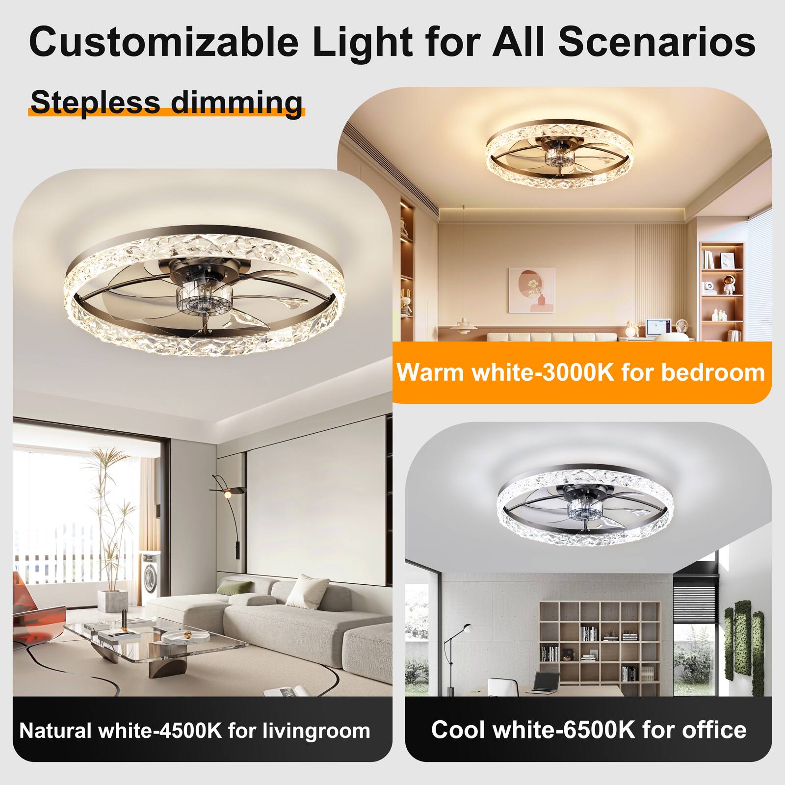 Customizable Light for All Scenarios  
Stepless dimming  
Warm white-3000K for bedroom  
Natural white-4500K for living room  
Cool white-6500K for office