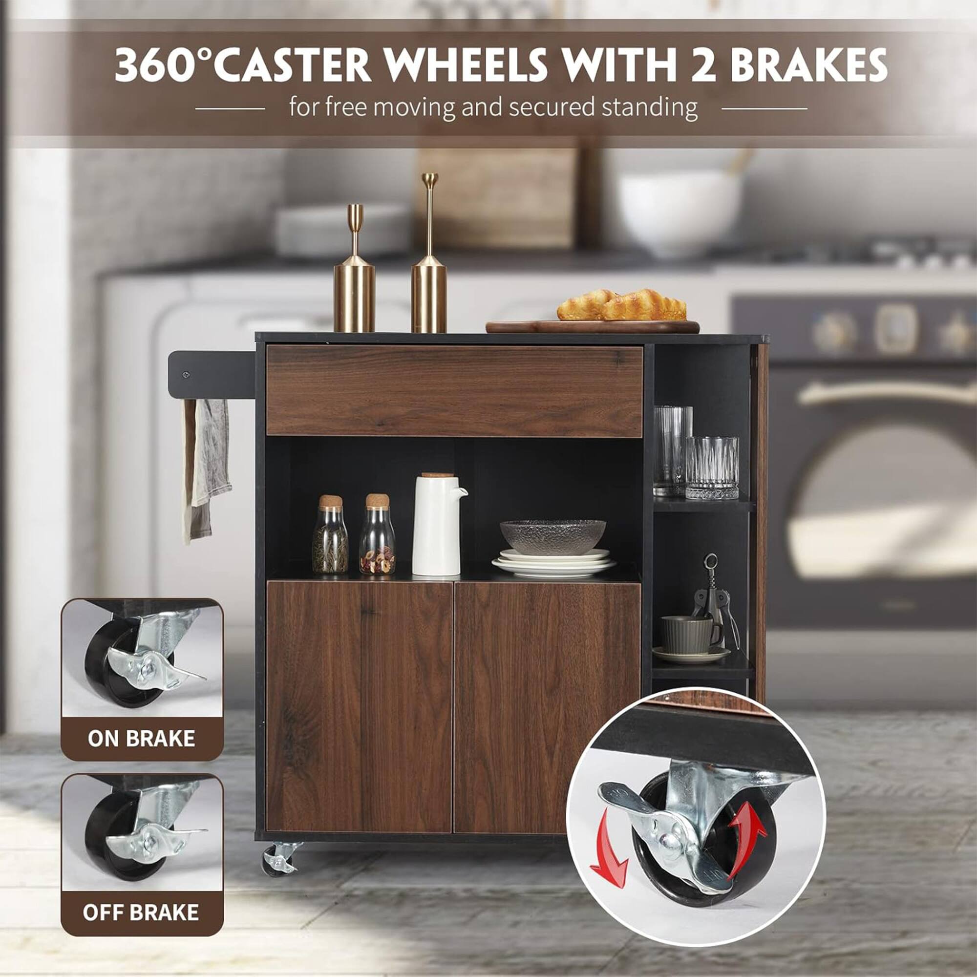 360° CASTER WHEELS WITH 2 BRAKES  
for free moving and secured standing  

ON BRAKE  
OFF BRAKE