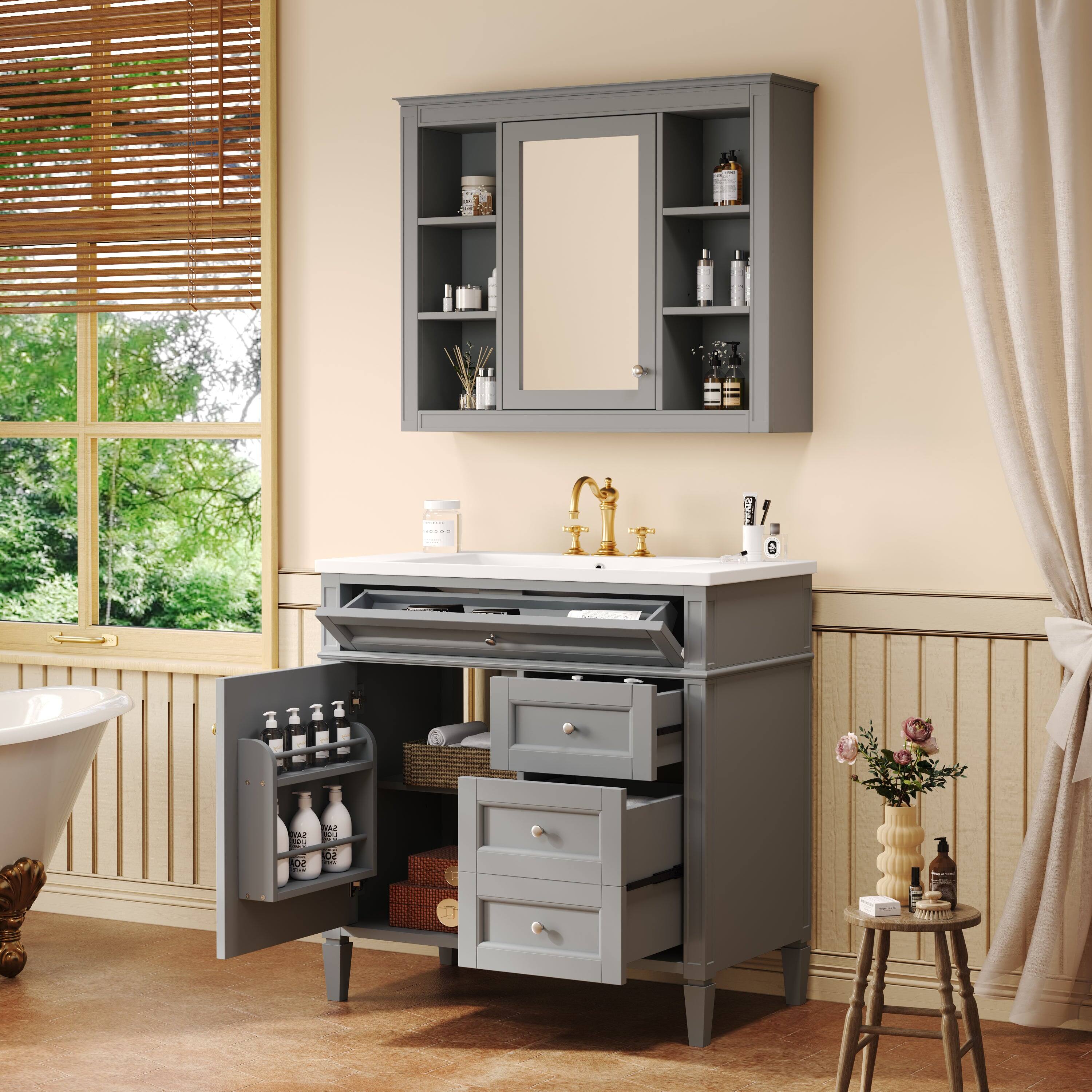 Alt View 2. Boyel Living - 36 Inch Bathroom Vanity Set with Mirror Cabinet Resin Sink 3 Drawers 2 Doors Gray - Gray.