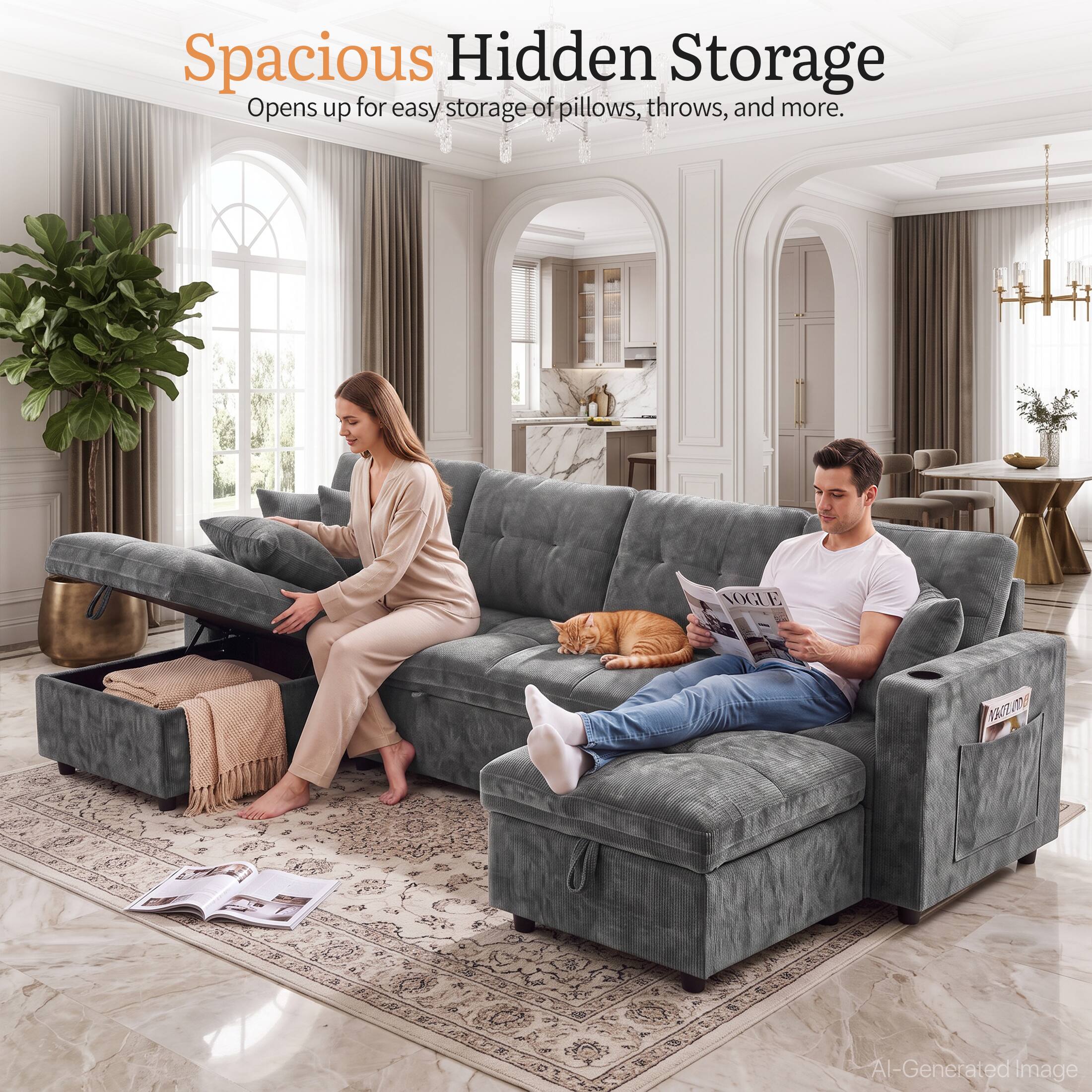 Spacious Hidden Storage  
Opens up for easy storage of pillows, throws, and more.