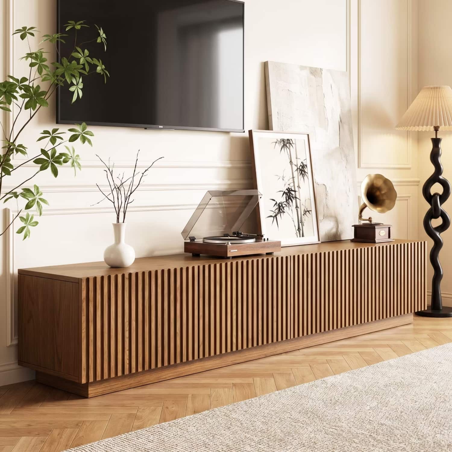 luck idea - 86.6" Mid-Century Modern Fluted Wood TV Stand for TVs Up to 90", Walnut Media Console with Removable Shelf & Storage - Brown