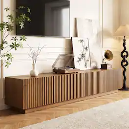 luck idea - 86.6" Mid-Century Modern Fluted Wood TV Stand for TVs Up to 90", Walnut Media Console with Removable Shelf & Storage - Brown