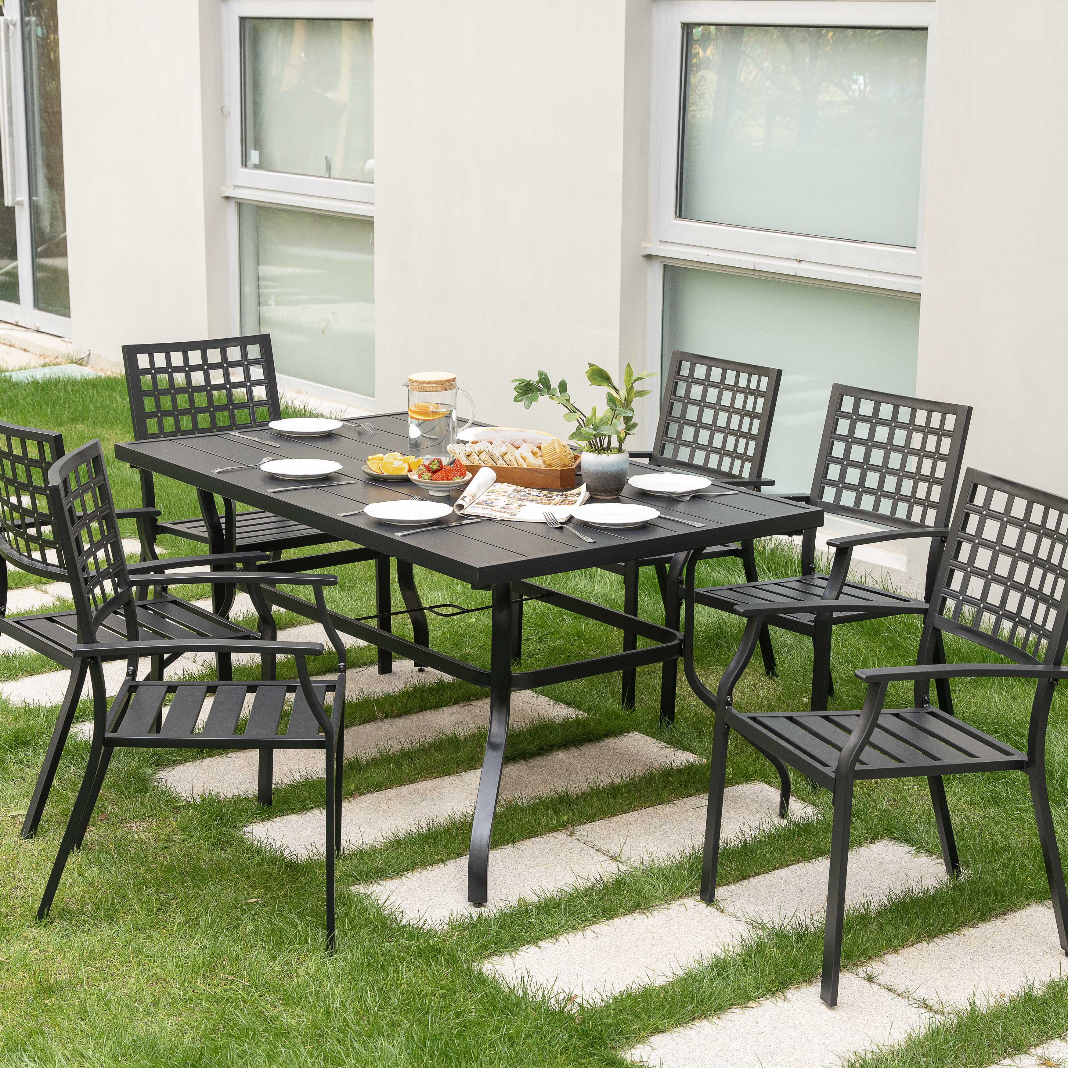 Angle. Nuu Garden - Outdoor 7-Piece Powder-coated Iron Dining Set, 6 Chairs and Rectangle Dining Table with 1.57'' Umbrella Hole - Black.