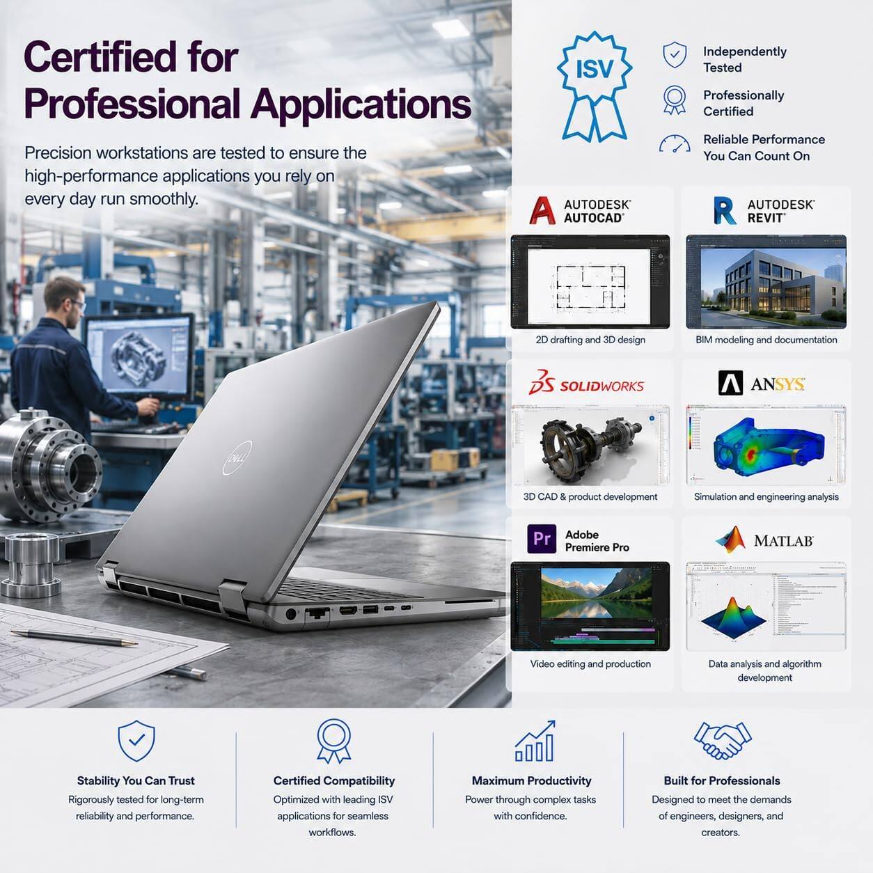Certified for Professional Applications

Precision workstations are tested to ensure the high-performance applications you rely on every day run smoothly.

Independently Tested Professionally Certified Reliable Performance You Can Count On

AUTODESK AUTOCAD
2D drafting and 3D design

AUTODESK REVIT
BIM modeling and documentation

SOLIDWORKS
3D CAD & product development

ANSYS
Simulation and engineering analysis

Adobe Premiere Pro
Video editing and production

MATLAB
Data analysis and algorithm development

Stability You Can Trust
Rigorously tested for long-term reliability and performance.

Certified Compatibility
Optimized with leading ISV applications for seamless workflows.

Maximum Productivity
Power through complex tasks with confidence.

Built for Professionals
Designed to meet the demands of engineers, designers, and creators.