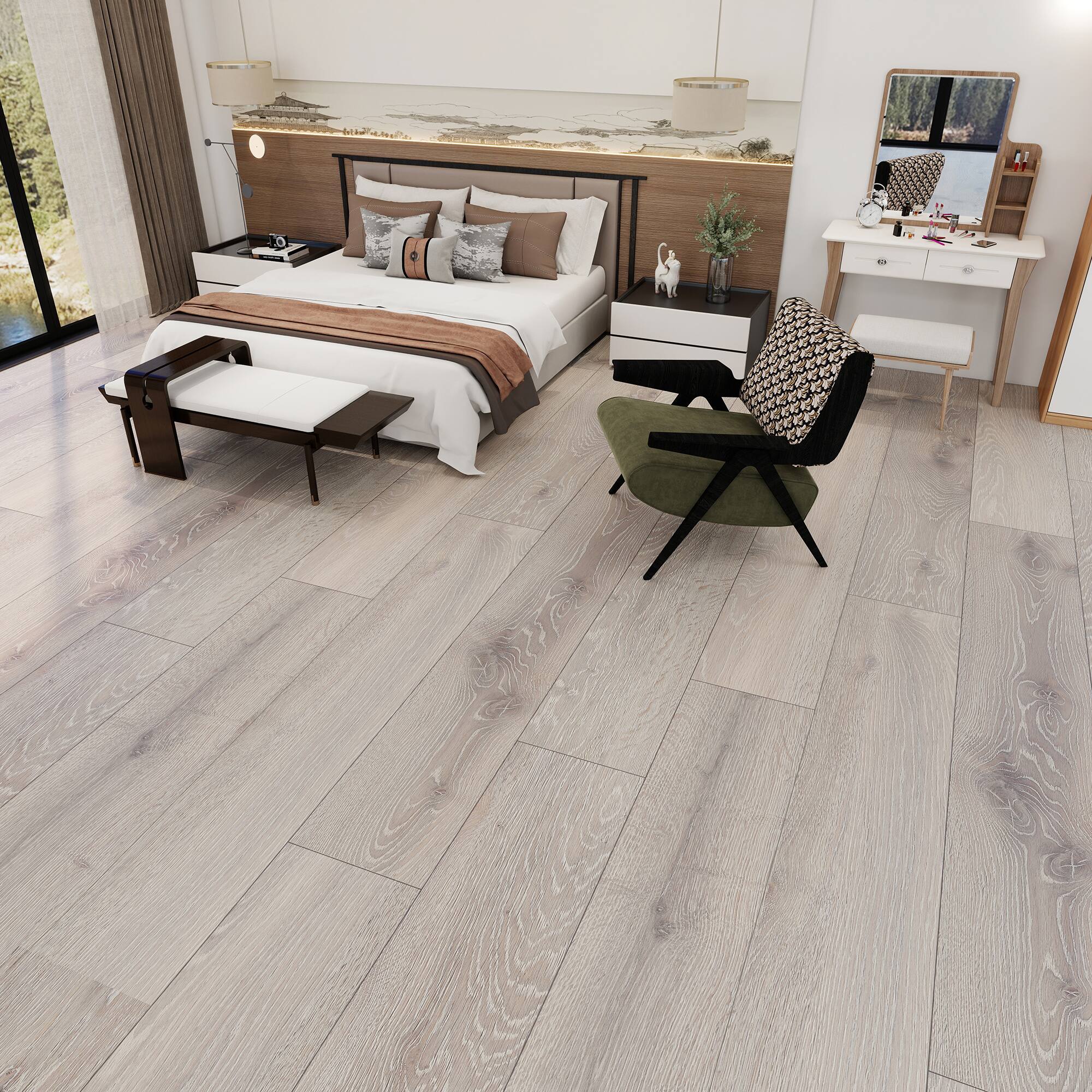 Left. Dotfloor - Superoak PLUS Laminate Flooring - 72.7"x9.6" Planks, 6 Planks/Box (27.09 sq ft/Box), 12mm Thick, AC5 Wear Rating - Espresso Oak.