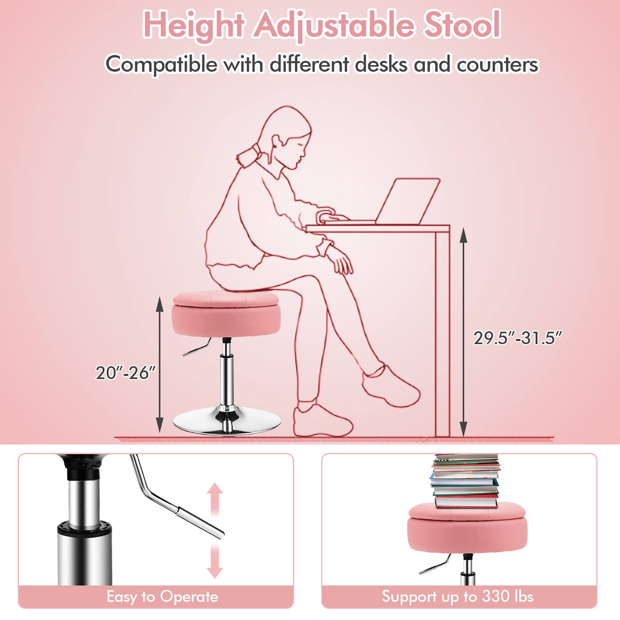 The image features a woman sitting on a pink stool, which is a height adjustable stool. The stool is compatible with different desks and counters, and it can support up to 330 lbs. The stool is easy to operate and can be adjusted to the desired height. The woman is using a laptop, which is placed on a desk in front of her. The stool is designed to provide comfort and support while working or using a computer.