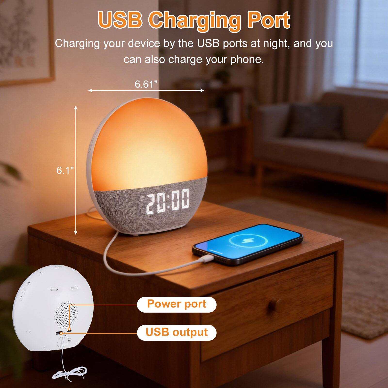 USB Charging Port  
Charging your device by the USB ports at night, and you can also charge your phone.  

6.61"  
6.1"  

Power port  
USB output
