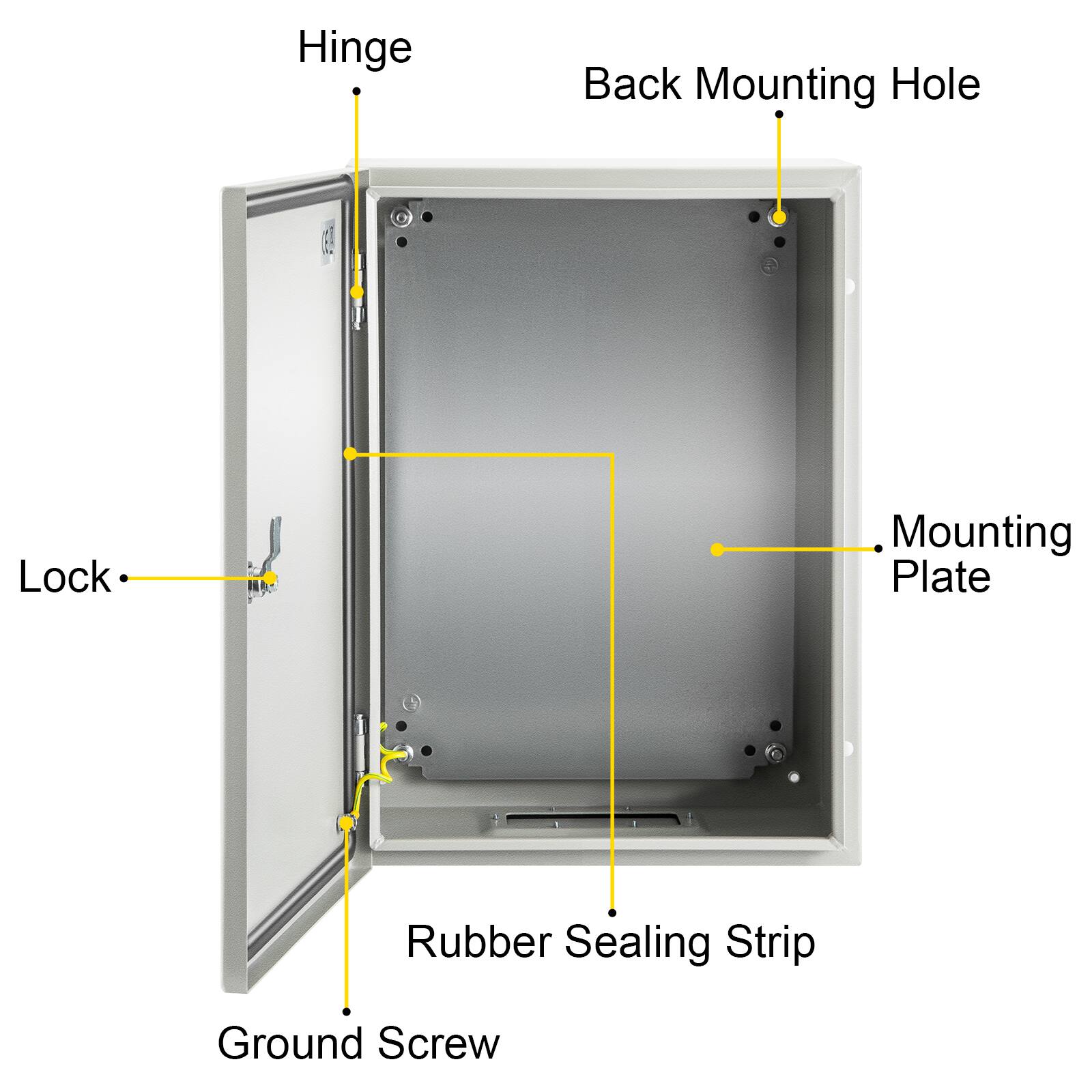 Hinge  
Back Mounting Hole  
Lock  
Mounting Plate  
Rubber Sealing Strip  
Ground Screw
