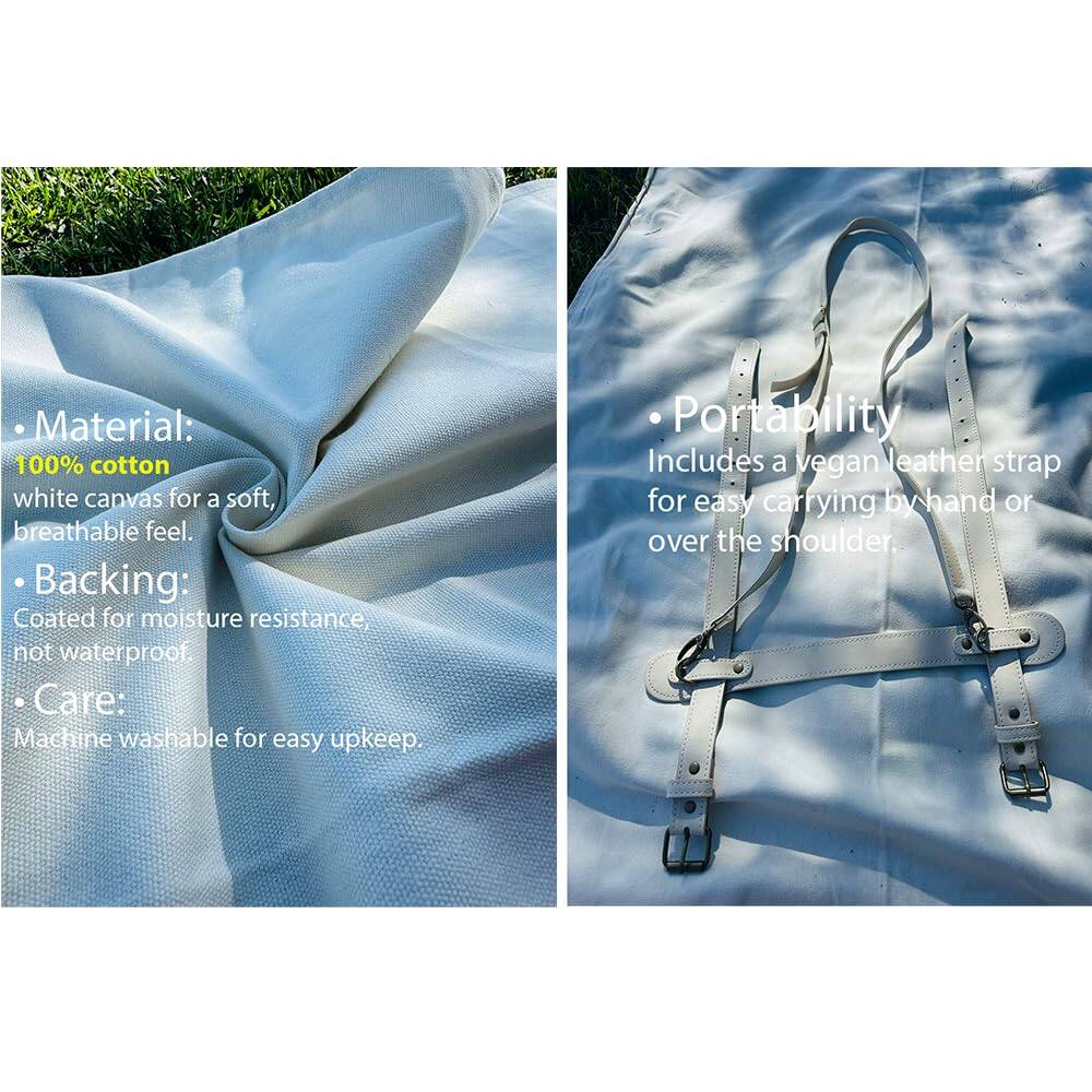 Material:  
100% cotton white canvas for a soft, breathable feel.  

Backing:  
Coated for moisture resistance, not waterproof.  

Care:  
Machine washable for easy upkeep.  

Portability:  
Includes a vegan leather strap for easy carrying by hand or over the shoulder.