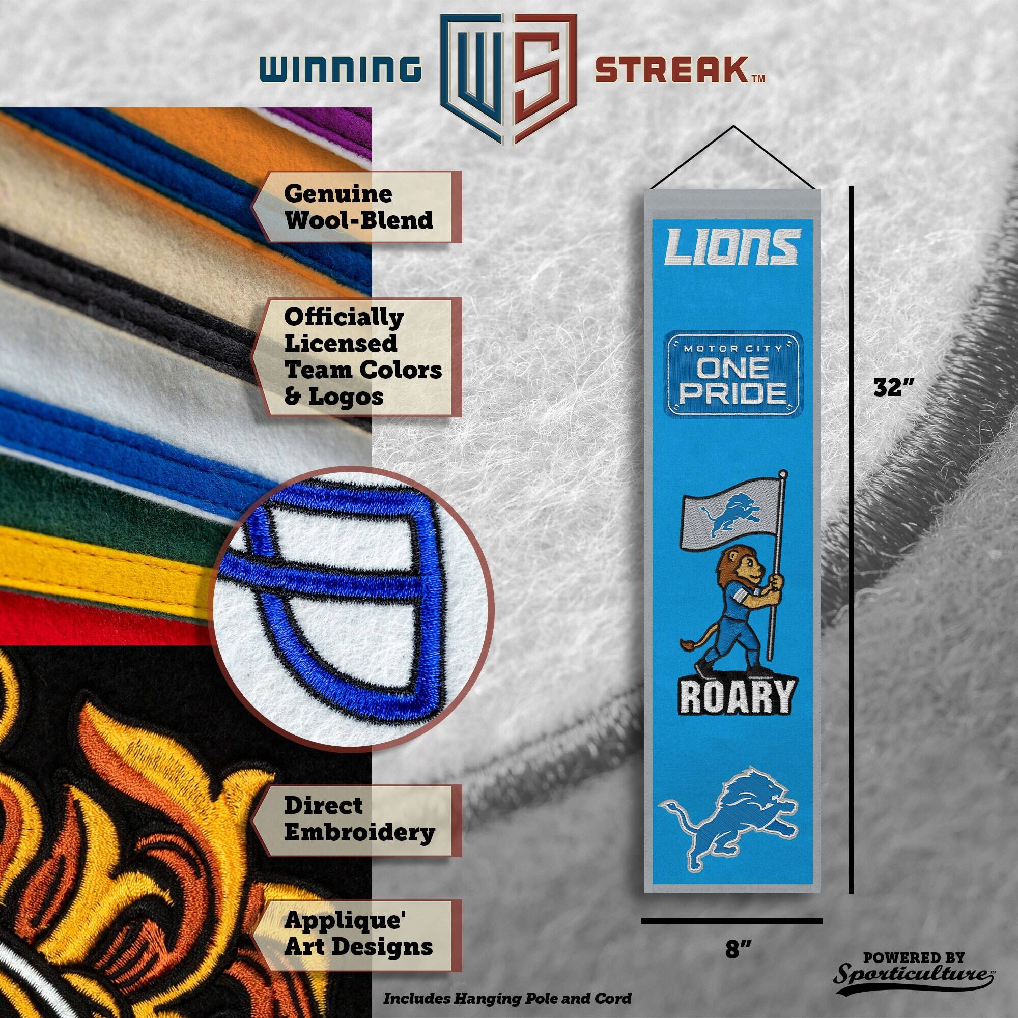 WINNING U 5 STREAK™ Genuine Wool-Blend LIONS Officially Licensed Team Colors & Logos MOTOR CITY ONE PRIDE 32" ROARY Direct Embroidery Applique' Art Designs Includes Hanging Pole and Cord 8" POWERED BY Sporticulture