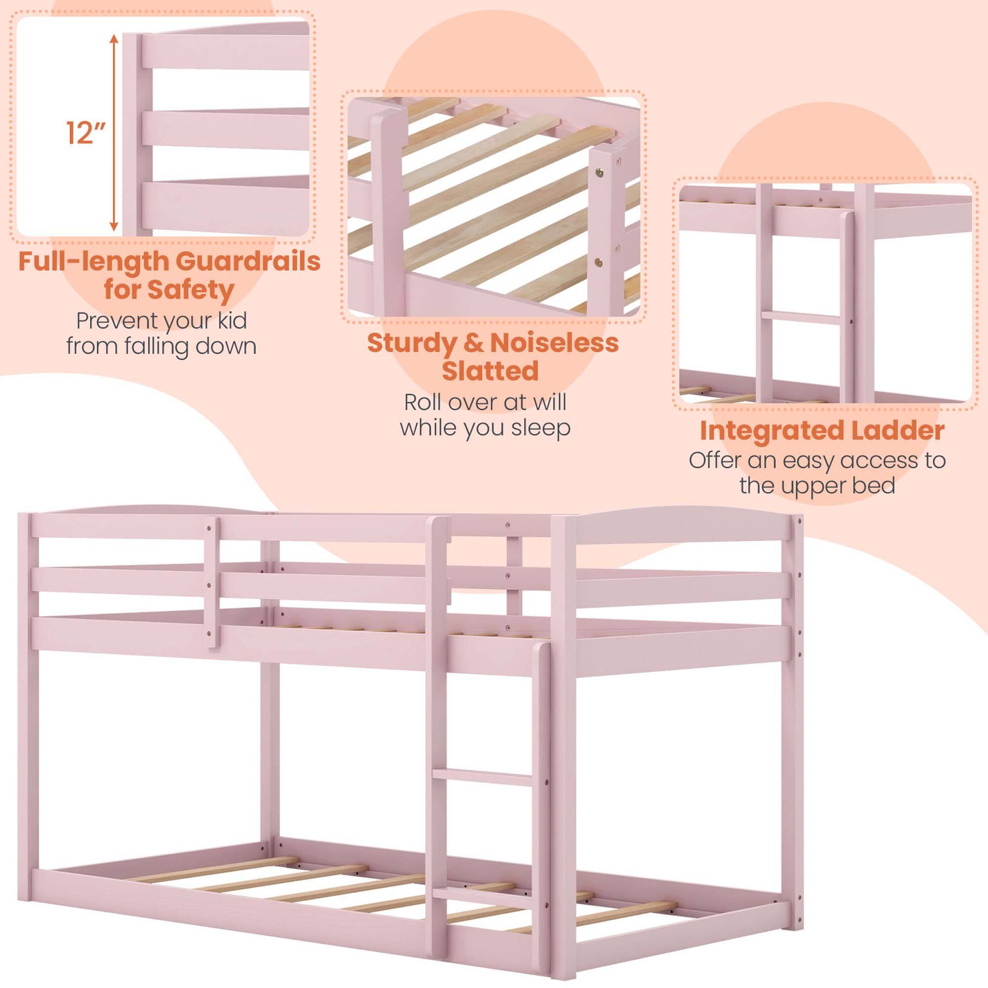 The text on the image is grouped and corrected as follows:

12" Full-length Guardrails for Safety: Prevent your kid from falling down. Sturdy & Noiseless: Slatted Roll over at will while you sleep. Integrated Ladder: Offer an easy access to the upper bed.