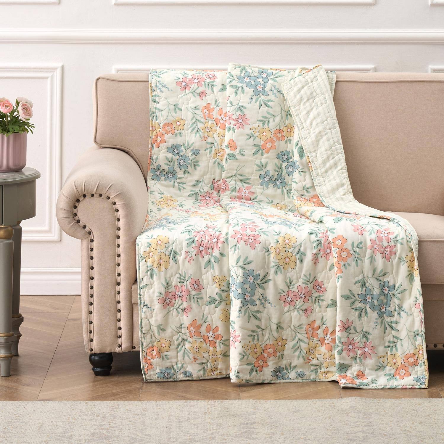 Alt View 1. Greenland Home Fashions - Greenland Home Fashions Chloe 100% Cotton Soft Delicate Floral Pattern Accessory Throw 50" x 60" Pastel - Pastel.