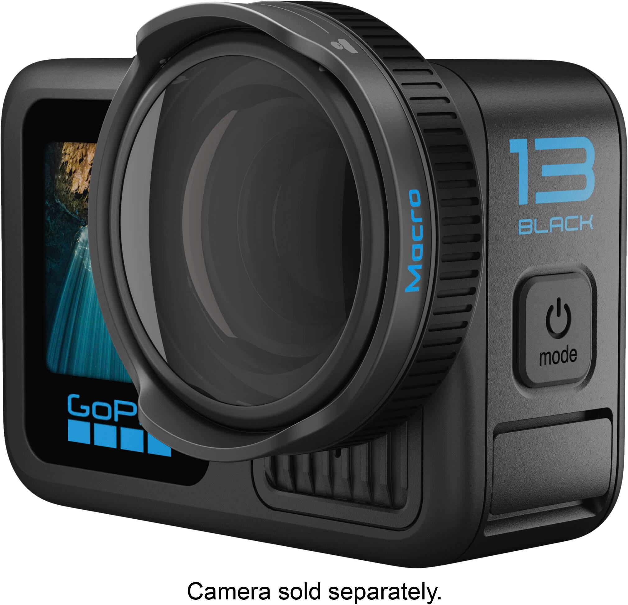 The image features a camera lens with the words "GoP Macro 13 BLACK mode Camera sold separately" written on it. The lens is designed for macro photography and is compatible with the GoPro camera.