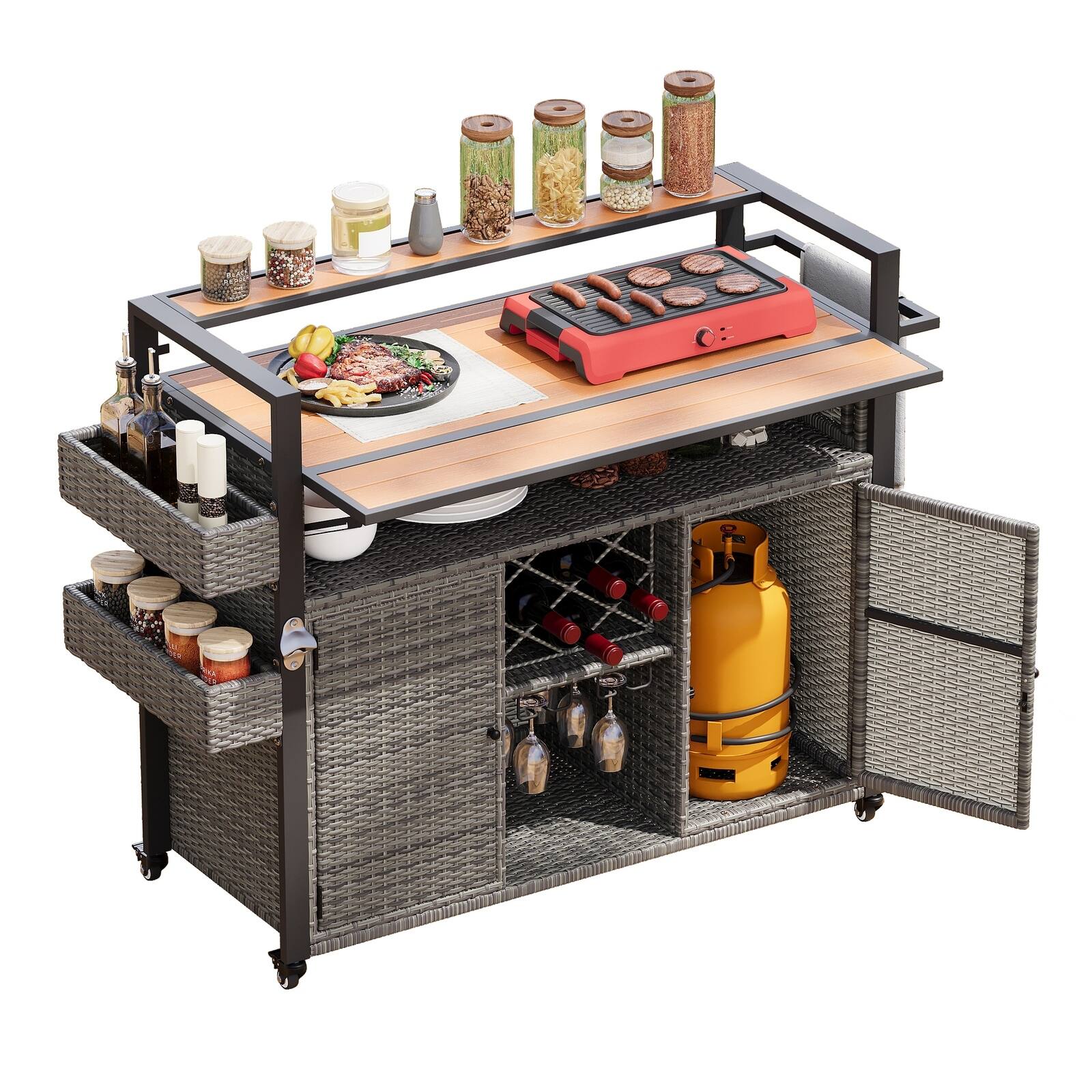 Spaco - 53" Outdoor Grill Cart with Extendable Table, Rattan Cabinet, Rolling Storage and 2 Handle Design,for Patio Garden - Gray