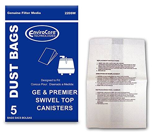 Genuine Filter Media  
220SW EnviroCare TECHNOLOGIES BAGS  

DUST BAGS  
Designed to Fit:  
Concus Pour: Disenado a Medida:  
GE & PREMIER SWIVEL TOP 5 CANISTERS  

BAGS SACS BOLSAS  

REPLACEMENT INSTRUCTIONS  
DIRECTIVES DE REMPLACEMENT  
INSTRUCCIONES DE T