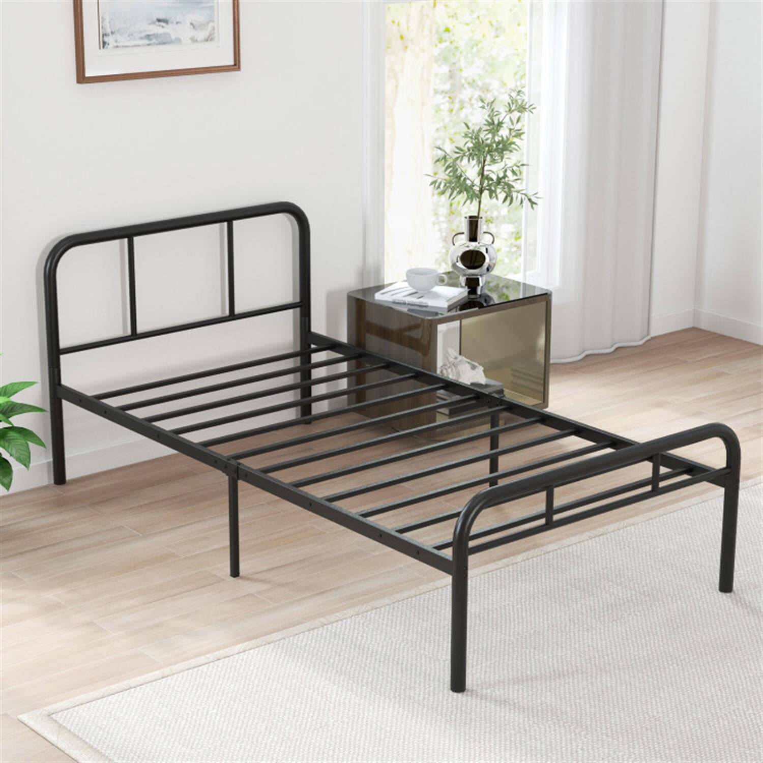 Alt View 6. Pefilos - Modern Metal Bed Frame with Curved Headboard and Footboard, Metal Platform Bed Frame, Under Bed Storage, Metal Slats - Black.