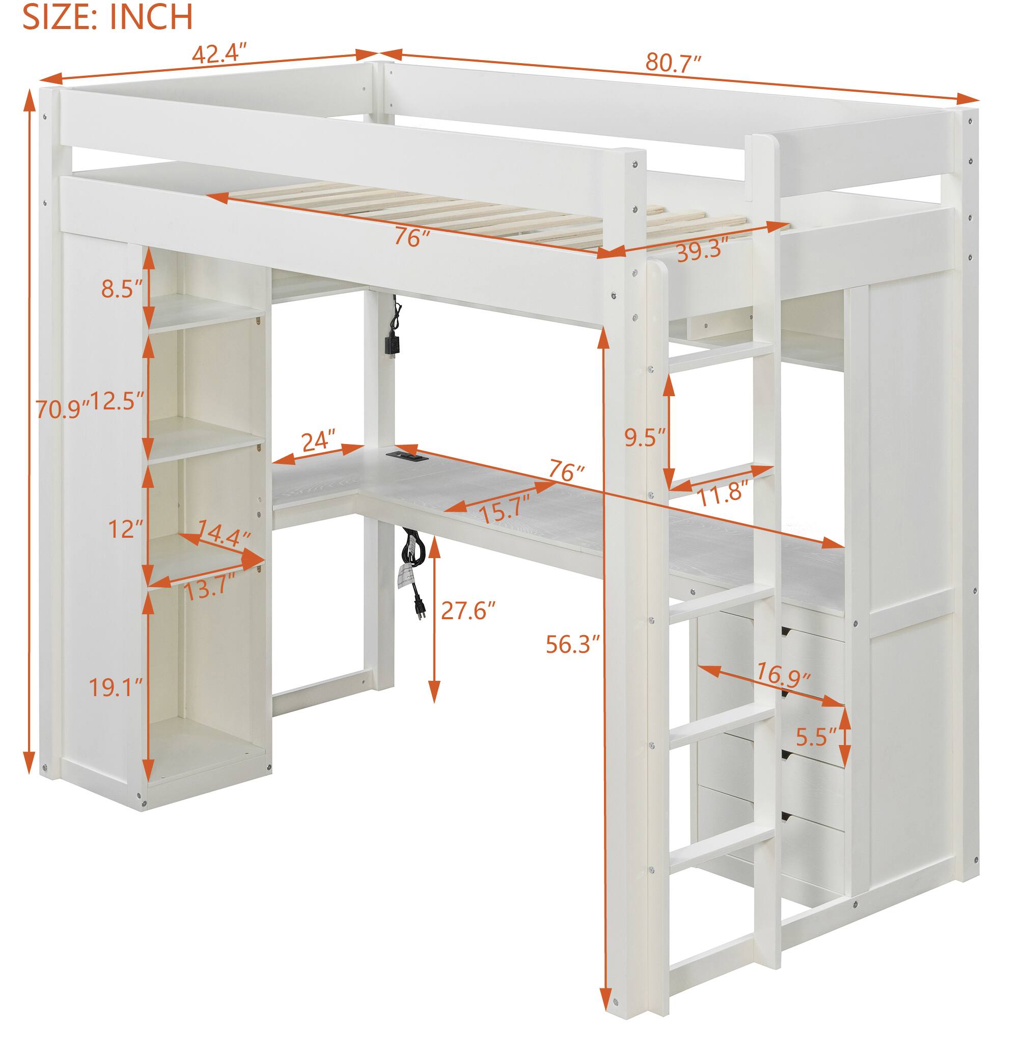SIZE: INCH

- 42.4"
- 80.7"
- 76"
- 39.3"
- 70.9"
- 12.5"
- 12"
- 14.4"
- 13.7"
- 19.1"
- 24"
- 9.5"
- 76"
- 15.7"
- 11.8"
- 27.6"
- 56.3"
- 16.9"
- 5.5"