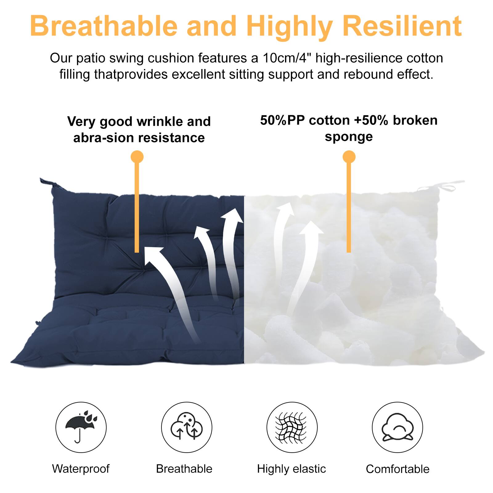 Breathable and Highly Resilient

Our patio swing cushion features a 10cm/4" high-resilience cotton filling that provides excellent sitting support and rebound effect.

Very good wrinkle and abrasion resistance

50% PP cotton + 50% broken sponge

Waterproof  
Breathable  
Highly elastic  
Comfortable