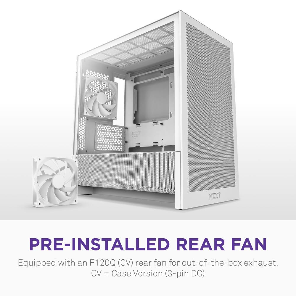The image features a pre-installed rear fan from NZXT, which is equipped with an F120Q (CV) rear fan for out-of-the-box exhaust. The case version of the fan is 3-pin DC.