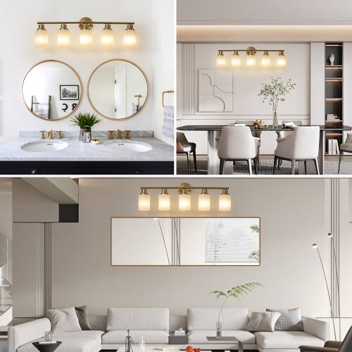 Left. LUCKY ONE - 31in Wall Mount Vanity Light, 5-Light Gold Sconce with Frosted Glass Shades for Bathroom - Coppery.