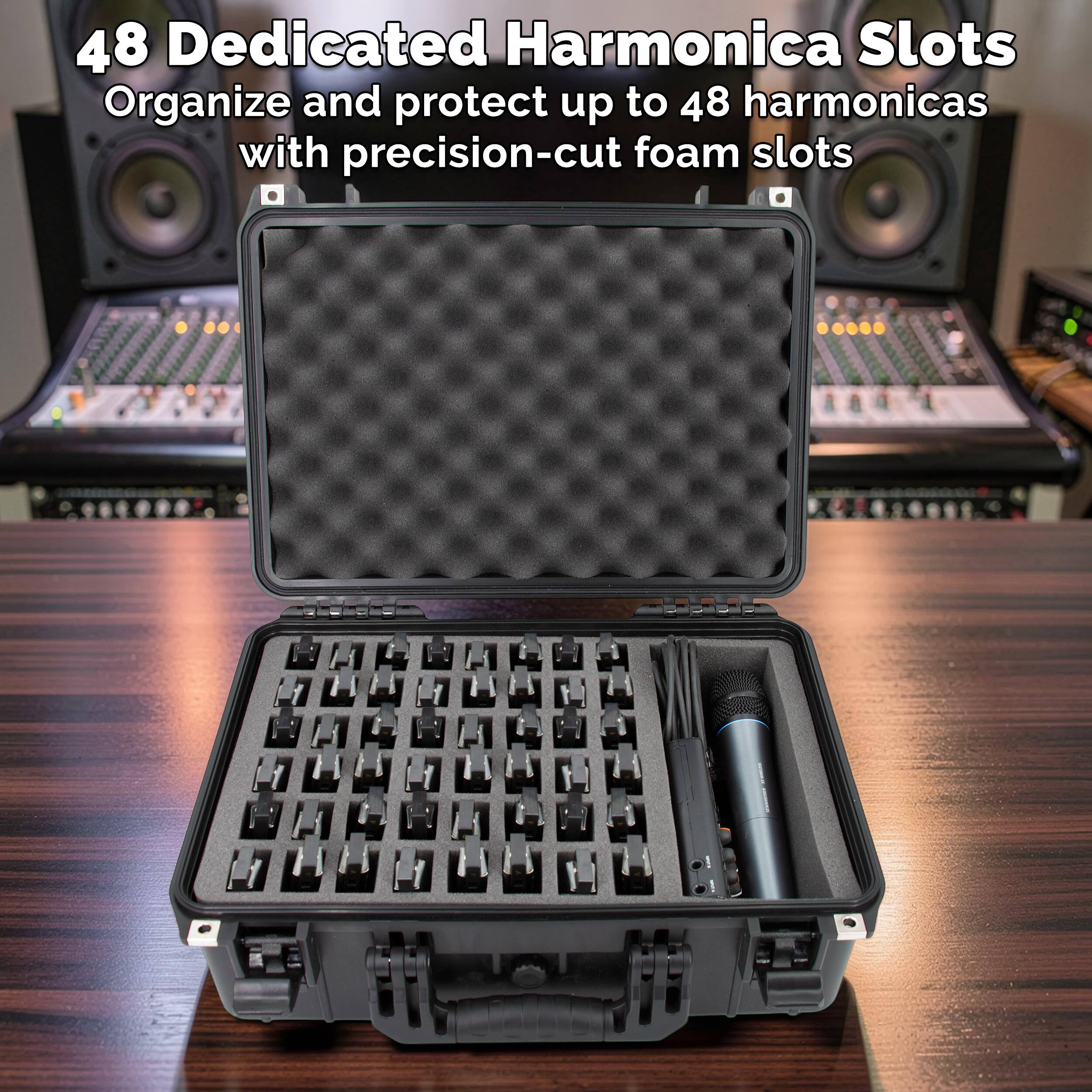 48 Dedicated Harmonica Slots  
Organize and protect up to 48 harmonicas with precision-cut foam slots