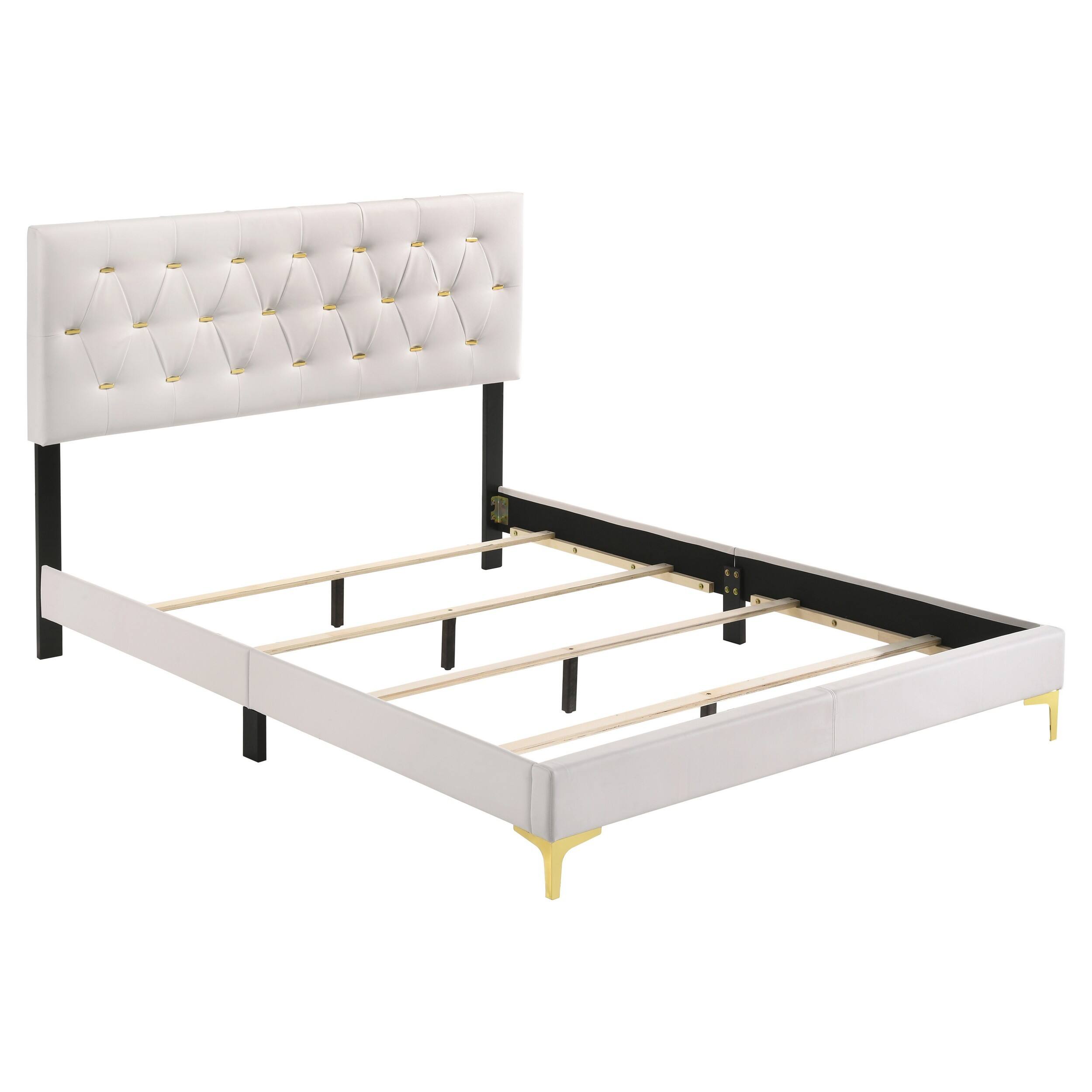 Alt View 1. Manhattan Lane - Lif Platform Queen Size Bed, Panel Tufted Headboard, Gold Legs White Velvet - White, Black, Gold.