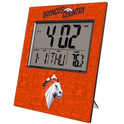 Sure, here is the corrected and grouped text from the image:
- **BRONCOS COUNTRY**
- **TIME**: 4:02 PM
- **MONTH**: 1
- **DATE**: 11
- **DAY**: THU
- **TEMP**: 76.2°F
- **BRONCOS**
- **DENVER**
- **DRAFT**
- **BRONCOS COUNTRY** (repeated pattern in the background)