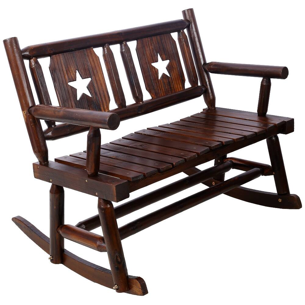 Alt View 6. Loheer - Loheer Outdoor Wood Rocking Bench, Carbonized Double Rocking Chair, Rustic Brown Porch Rocker - Rustic Brown.