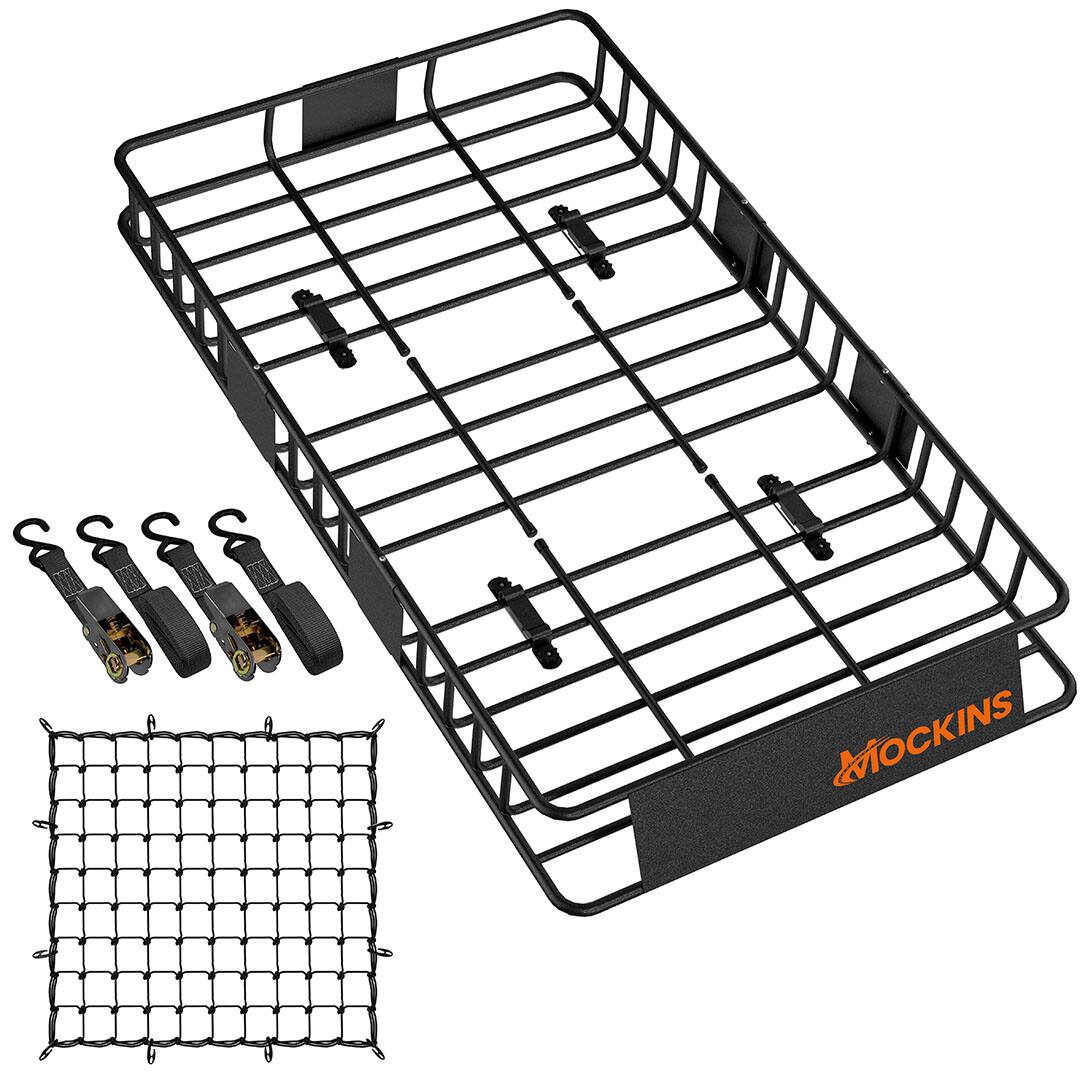 Front. Mockins - 64 in. x 39 in. x 6 in. Extendable Cargo Rooftop Carrier with Bungee Cargo Net and Ratchet Straps.