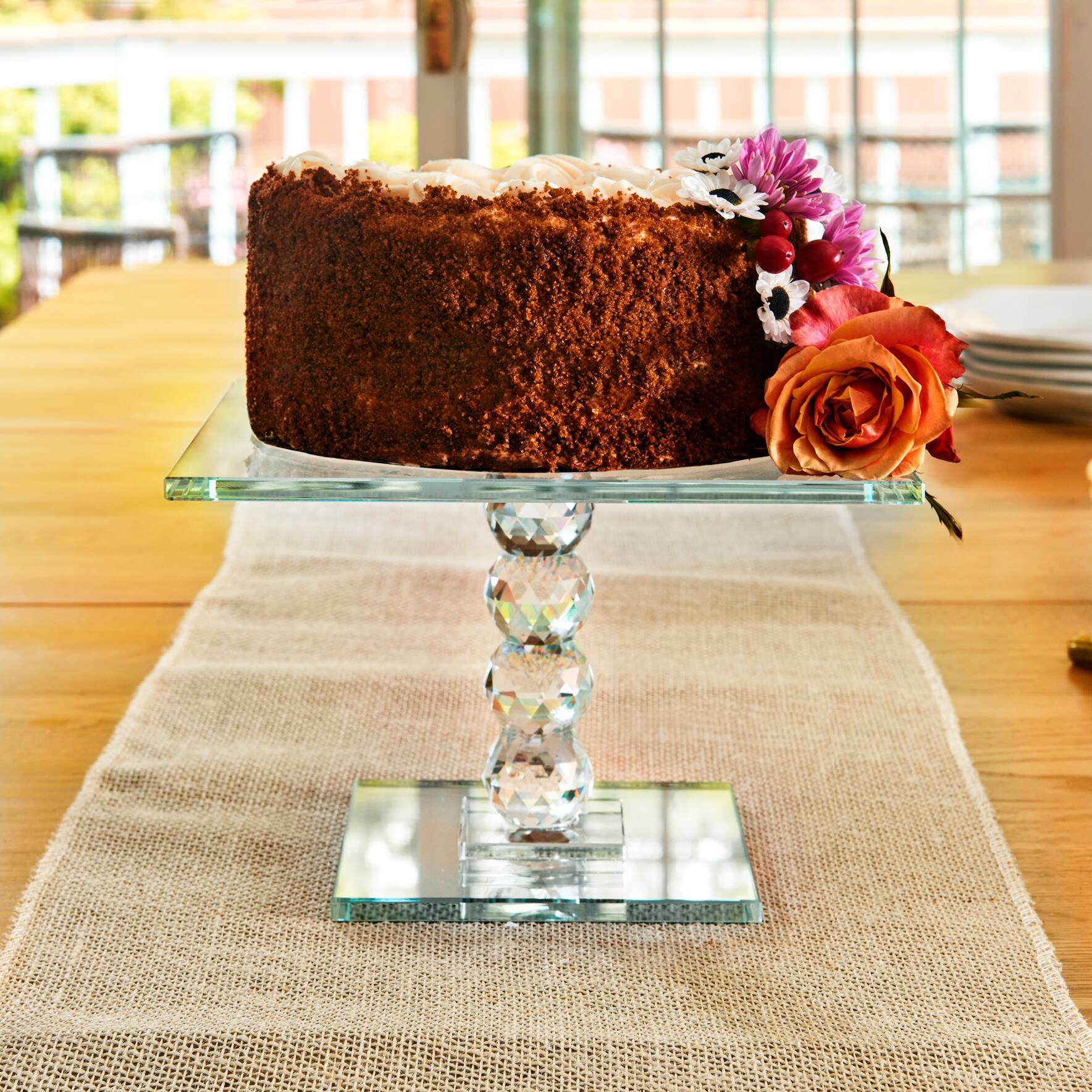 Angle. Jay Import - Exquisite Crystal Dessert Stand With Mirror Pedestal Base - Clear.