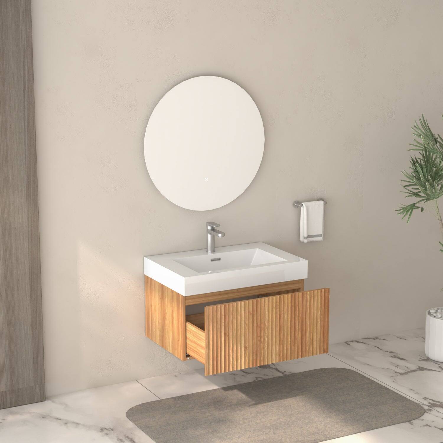 Alt View 4. Boyel Living - 30 in Wall-Mounted Bathroom Vanity with Integrated Basin Plywood Cabinet Modern Minimalist Floating Design Acacia Finish - Acacia.