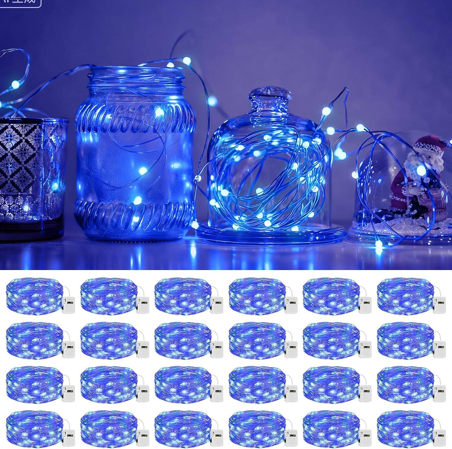 Front. Veranti - 7 ft 20 LED Battery Fairy String Lights for Christmas Crafts and Halloween Table Decor, 3 Modes - Blue.
