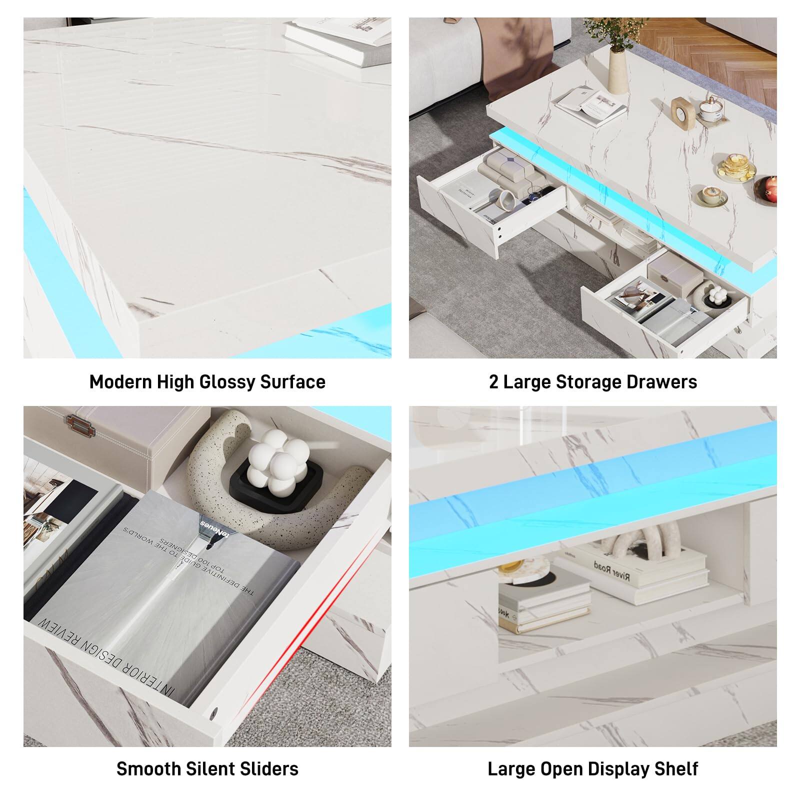 Modern High Glossy Surface  
2 Large Storage Drawers  
Smooth Silent Sliders  
Large Open Display Shelf