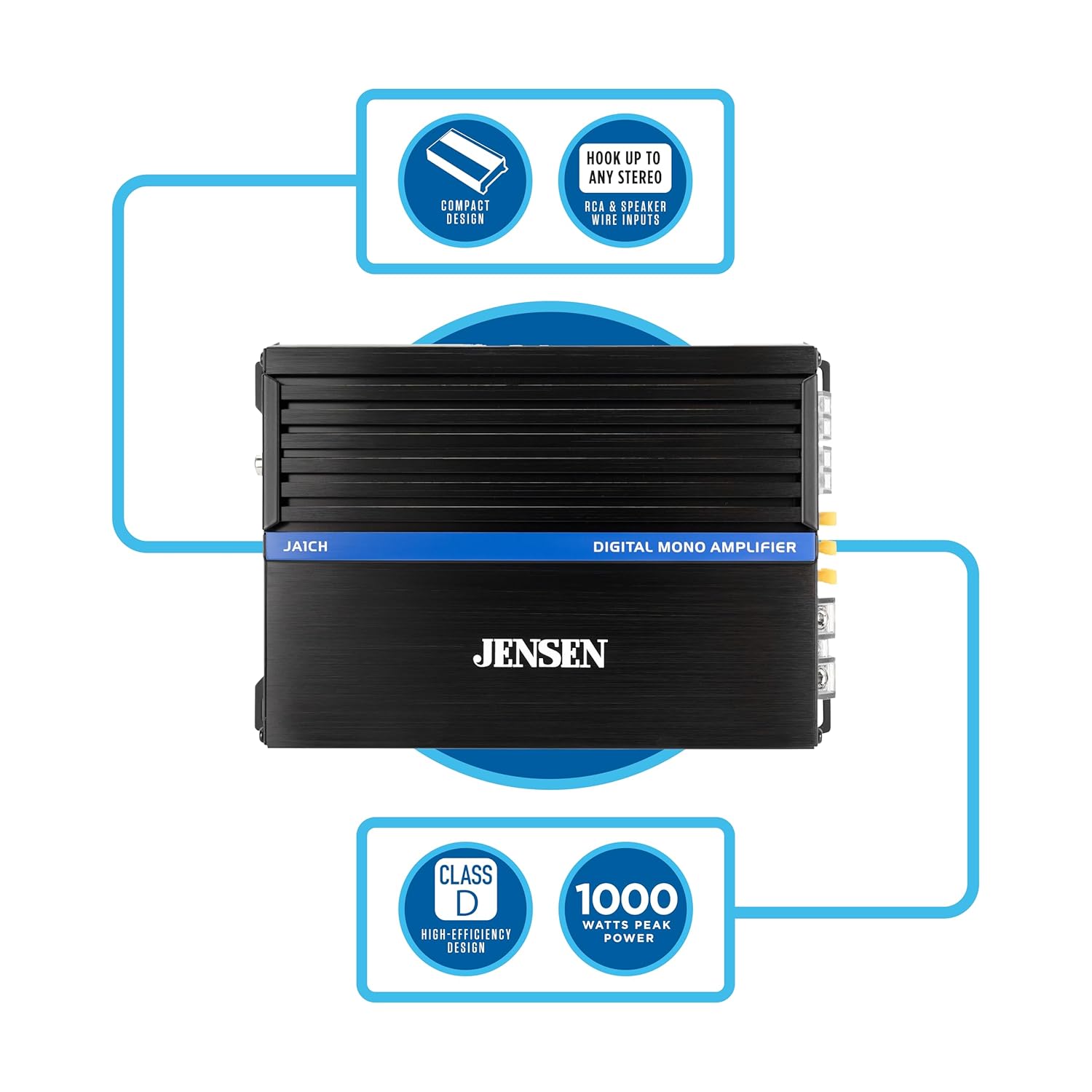 - Hook up to any stereo RCA & speaker wire inputs
- Compact design
- Digital mono amplifier
- Class D high-efficiency design
- 1000 watts peak power