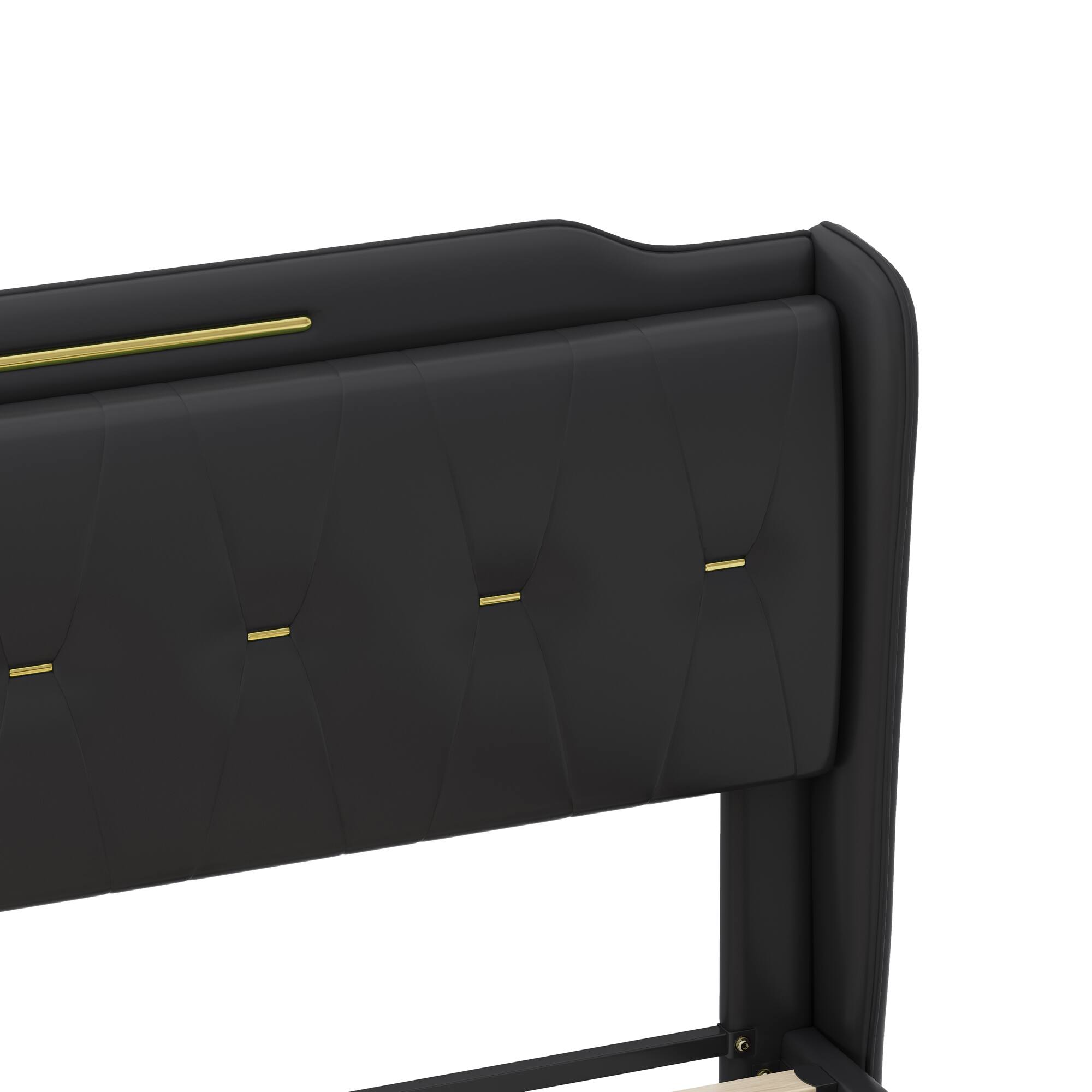 Alt View 6. LUCKY ONE - Queen Size PU Leather Upholstered Bed Frame with Wingback Headboard - Black.