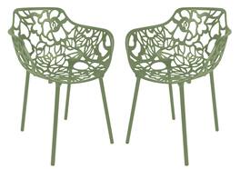 LeisureMod - Set of 2 Devon Aluminum Dining Chair with UV-Protected Aluminum Frame Floral Cutout Design for Indoor Outdoor - Khaki Green