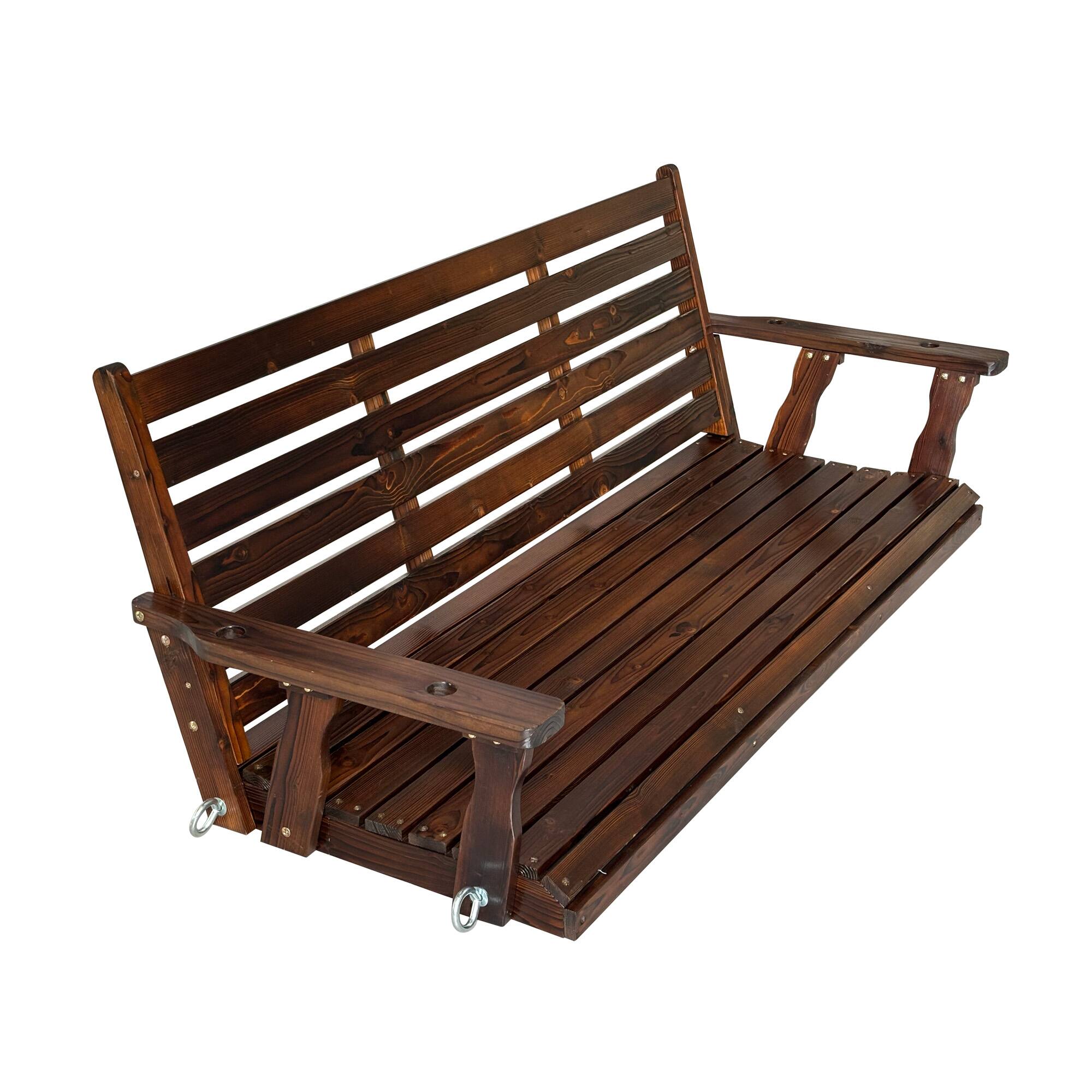 Angle. Fortune Candy - Wooden Porch Swing with Chains & Springs, 880 LBS Heavy Duty Bench for Patio & Garden（Extra Large,3-Seater ） - Deep Brown.