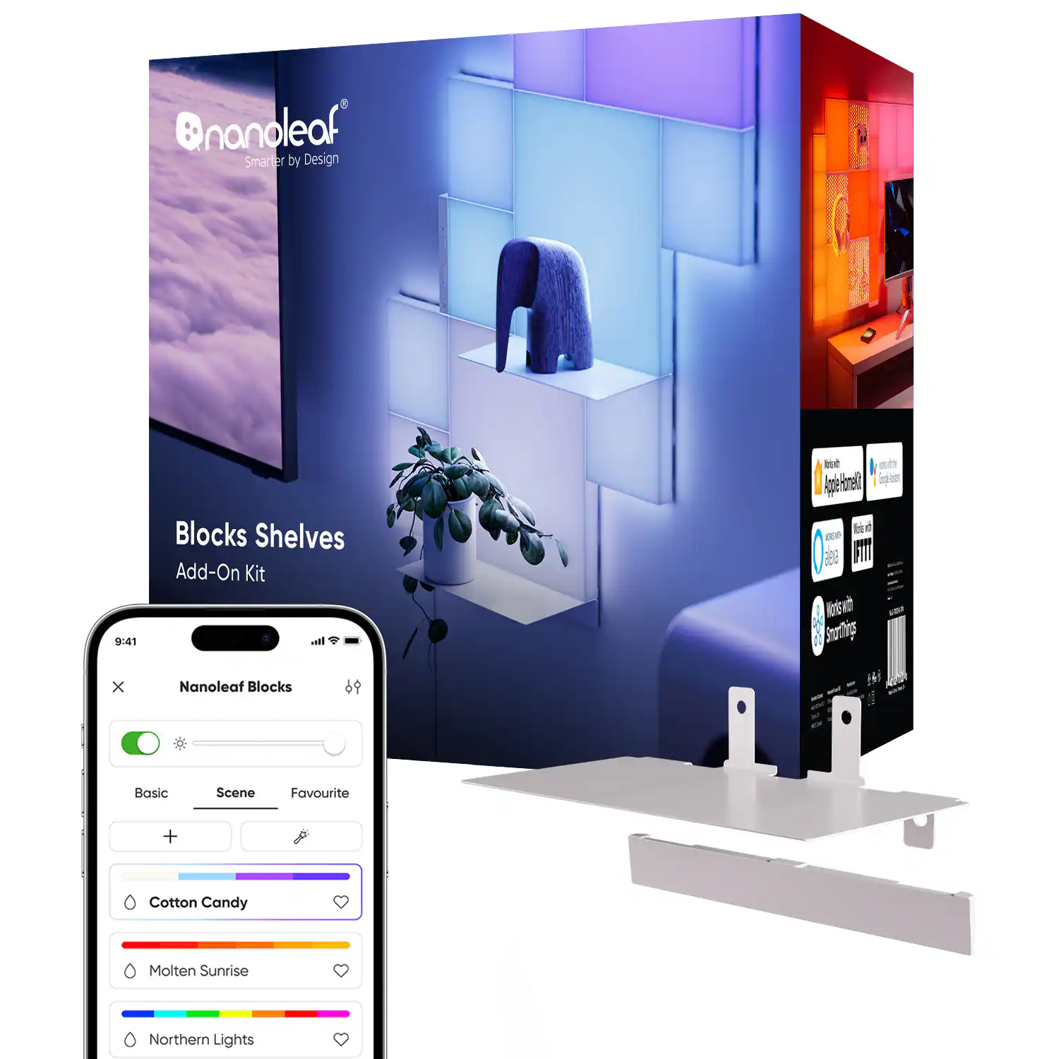 The text on the image reads: "nanoleaf Smarter by Design 9:41 x Blocks Shelves Add-On Kit atl Nanoleaf Blocks 69 me eith Aperirelt) i te d 286 FT Kotvt a Souring H Basic Scene Favourite + Cotton Candy Molten Sunrise Northern Lights."
