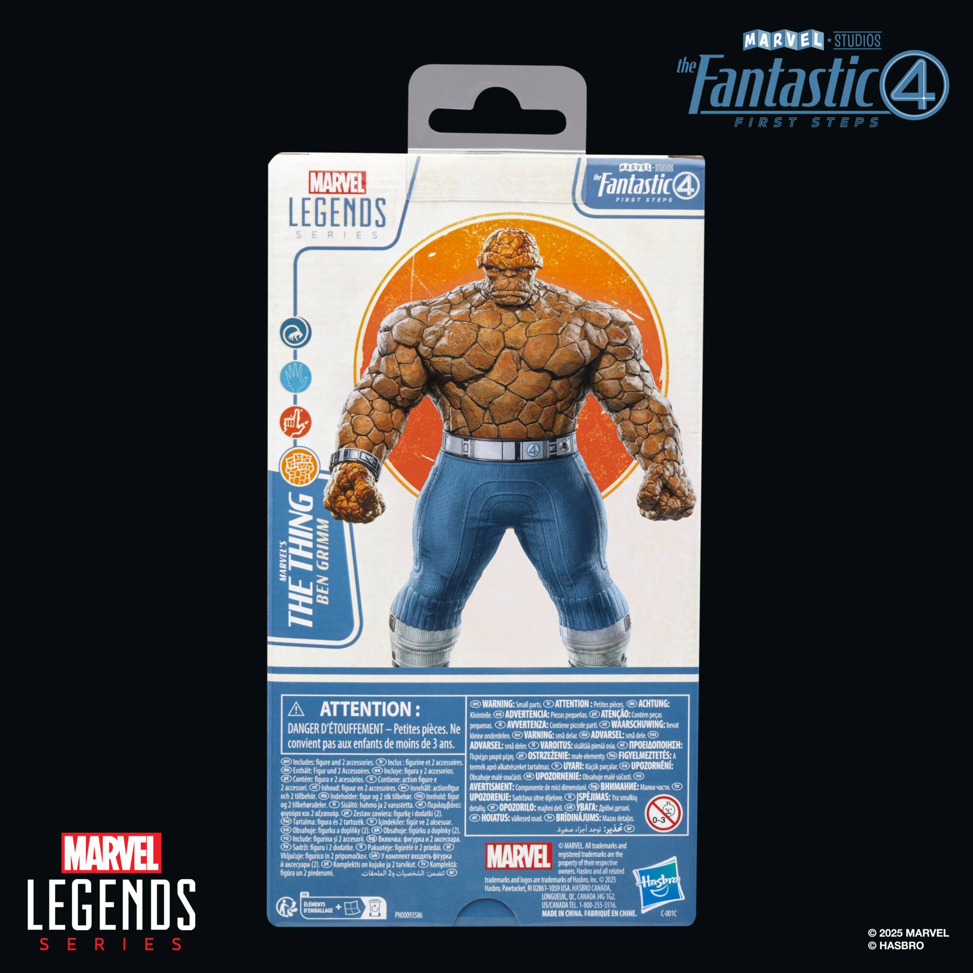 The Fantastic Four Legends Series features a Thing action figure. The packaging warns that small parts may pose a choking hazard and that the toy is not suitable for children under the age of 3. The figure is part of the Marvel Legends Series.