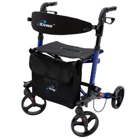 iLIVING - ILG-622 Foldable Upright Rollator Walker, Lightweight Mobility Aid, Seat & Backrest, Front Bag, Dual Brakes with Lock - Black