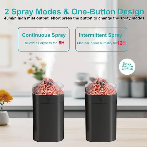 2 Spray Modes & One-Button Design  
40ml/h high mist output, short press the button to change the spray modes  

Continuous Spray  
Relieve air dryness for 6H  

Intermittent Spray  
Maintain indoor humidity for 12H  

Spray Volume 40mL/h