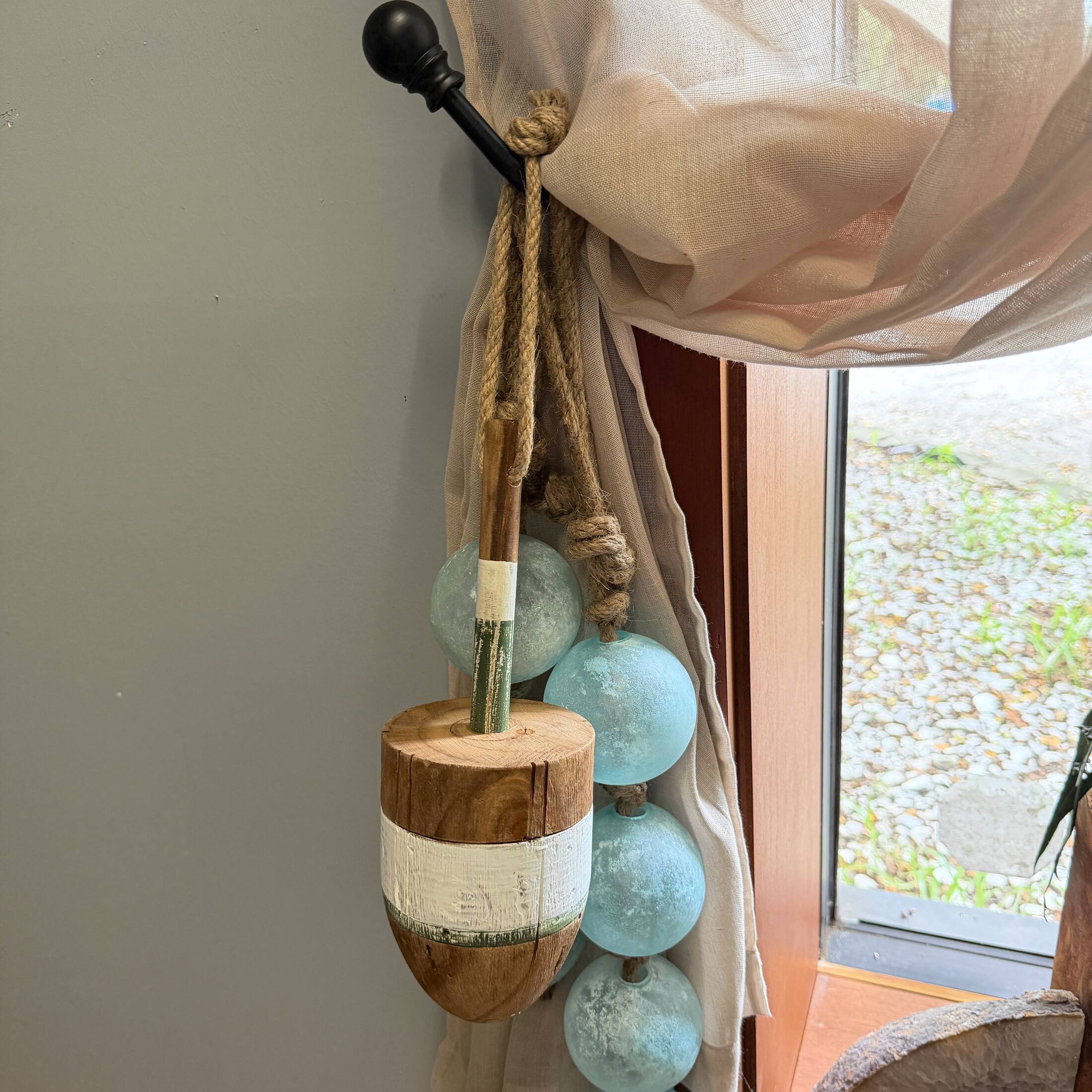 Alt View 3. Things2Die4 - Nautical Wooden Hanging Buoy White Green Striped Rope Wall Decor 15 Inch - White.