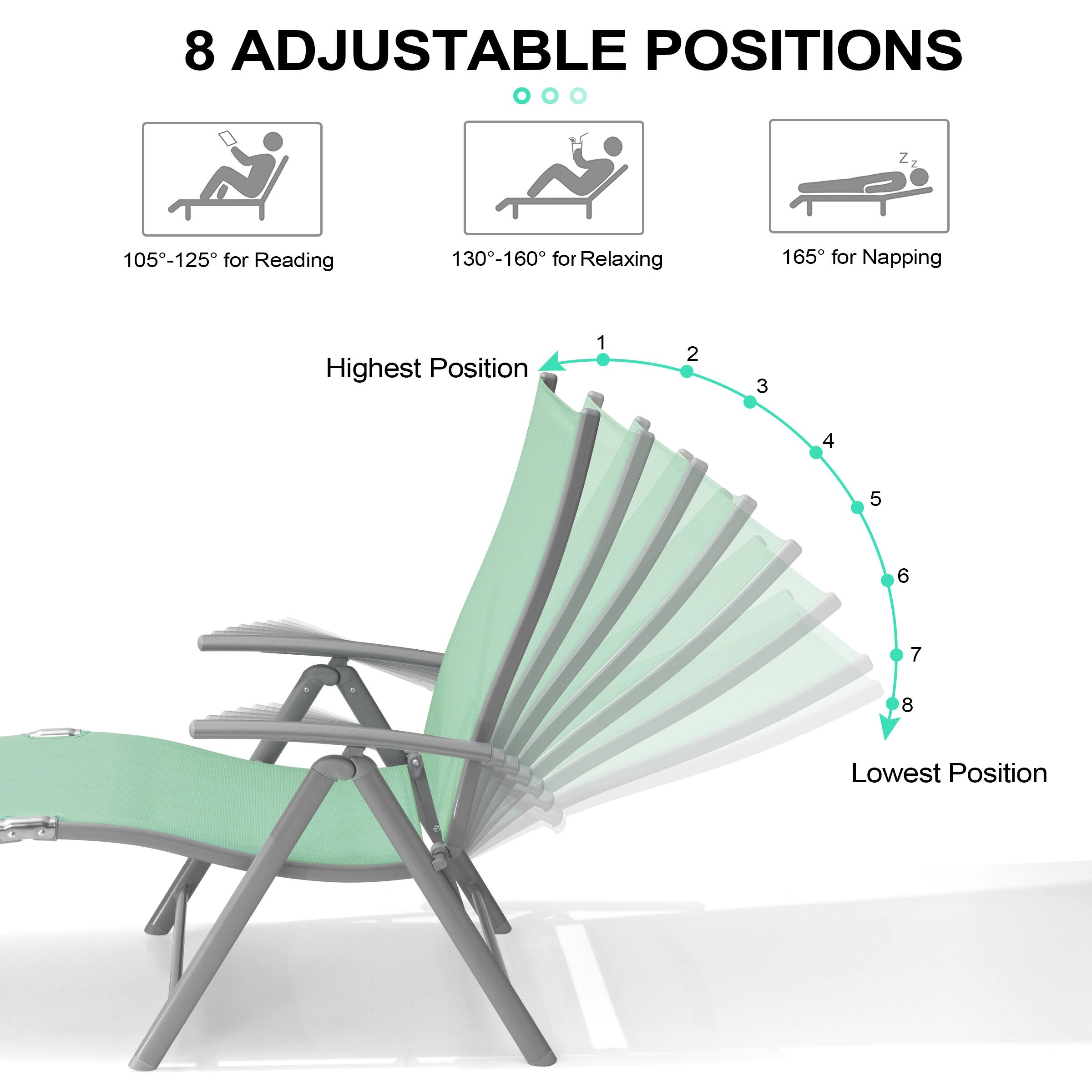 8 Adjustable Positions

105°-125° for Reading  
130°-160° for Relaxing  
165° for Napping  

Highest Position  
1 2 3 4 5 6 7 8  
Lowest Position